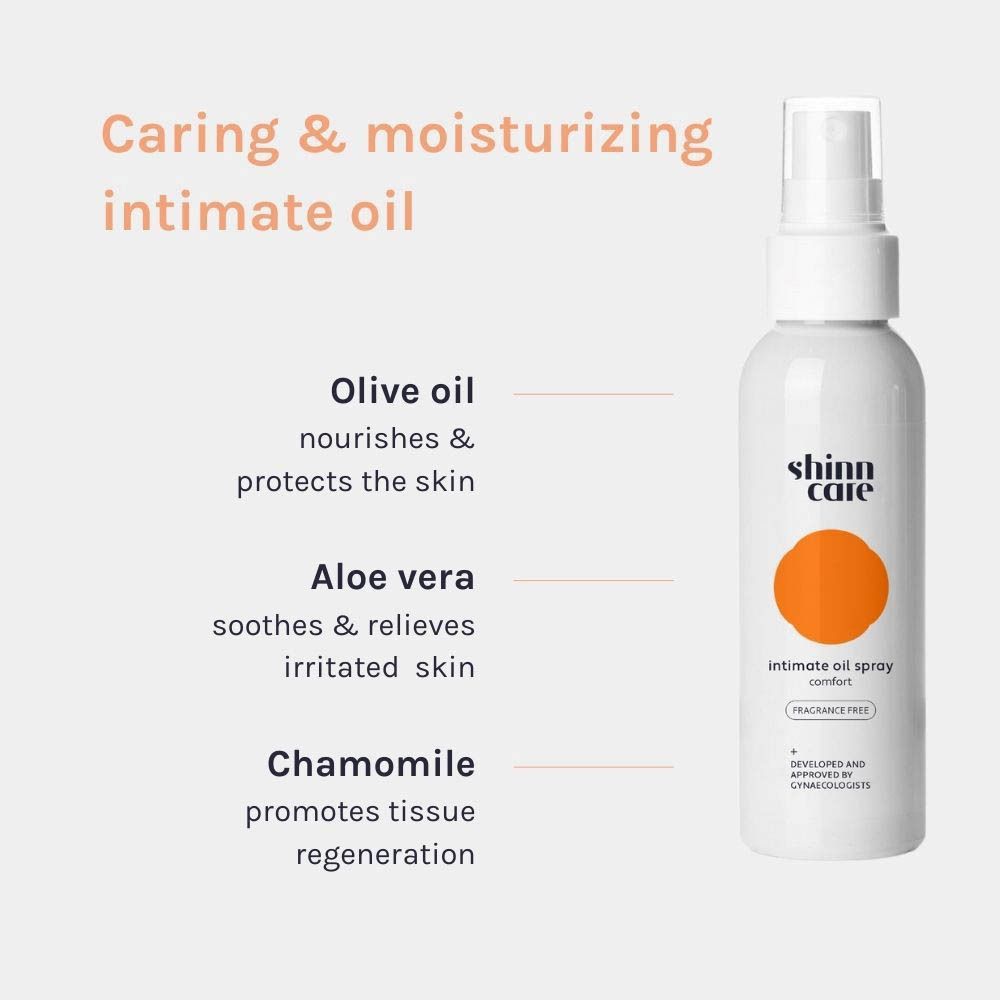 Huile intime et texte. Texte : Caring & moisturizing intimate oil. Ingrédients : Olive oil, Aloe vera, Chamomile.