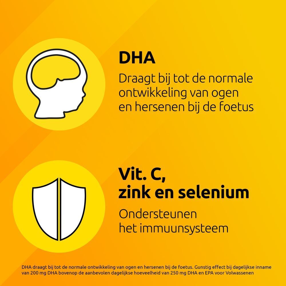 DHA: Draagt bij tot normale ontwikkeling ogen en hersenen. Vit. C, zink en selenium: immuunsysteem.