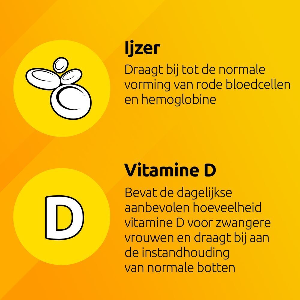 IJzer: Vorming rode bloedcellen. Vitamine D: Voor zwangere vrouwen. Gele achtergrond.