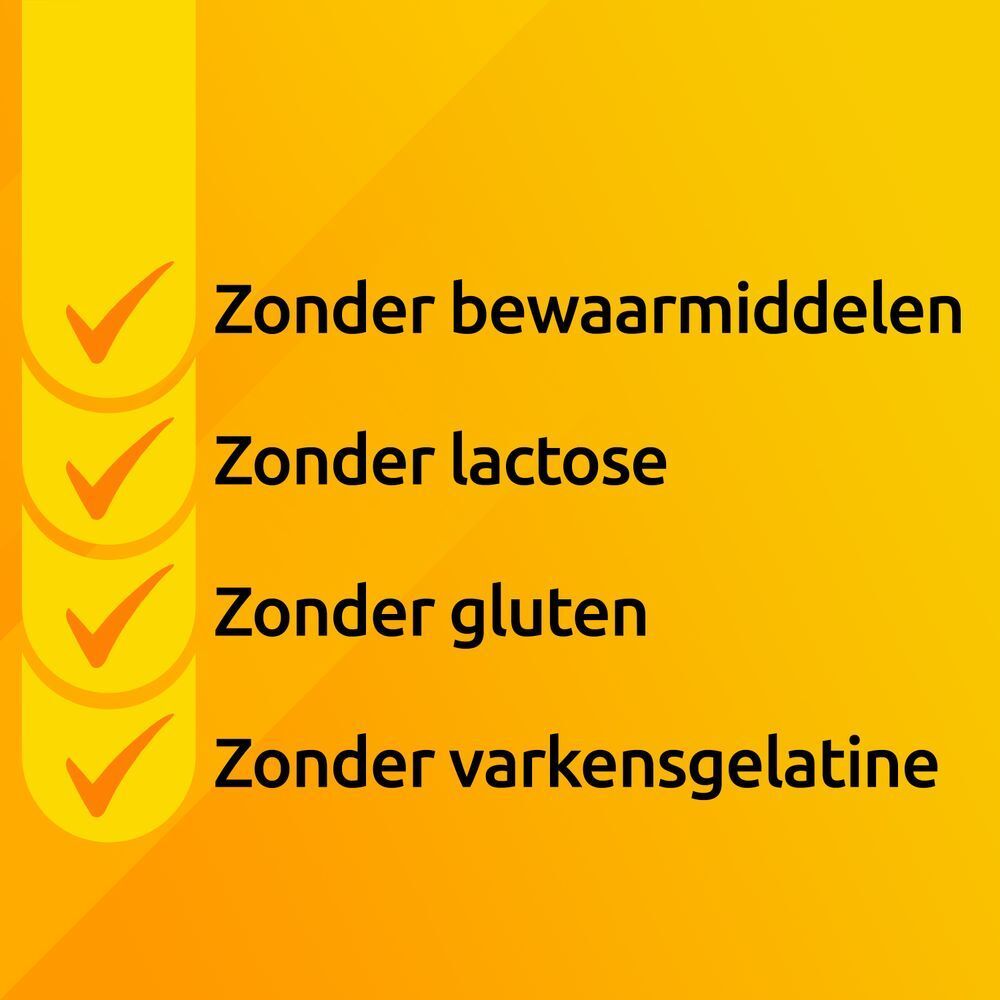 Zonder conserveermiddelen, lactose, gluten en varkensgelatine. Gele achtergrond.