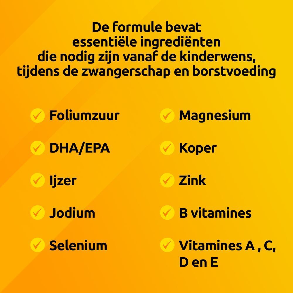 Supradyn Prenatal verpakking. 1 capsule per dag. Zonder vissmaak. 60 capsules. Bayer logo.