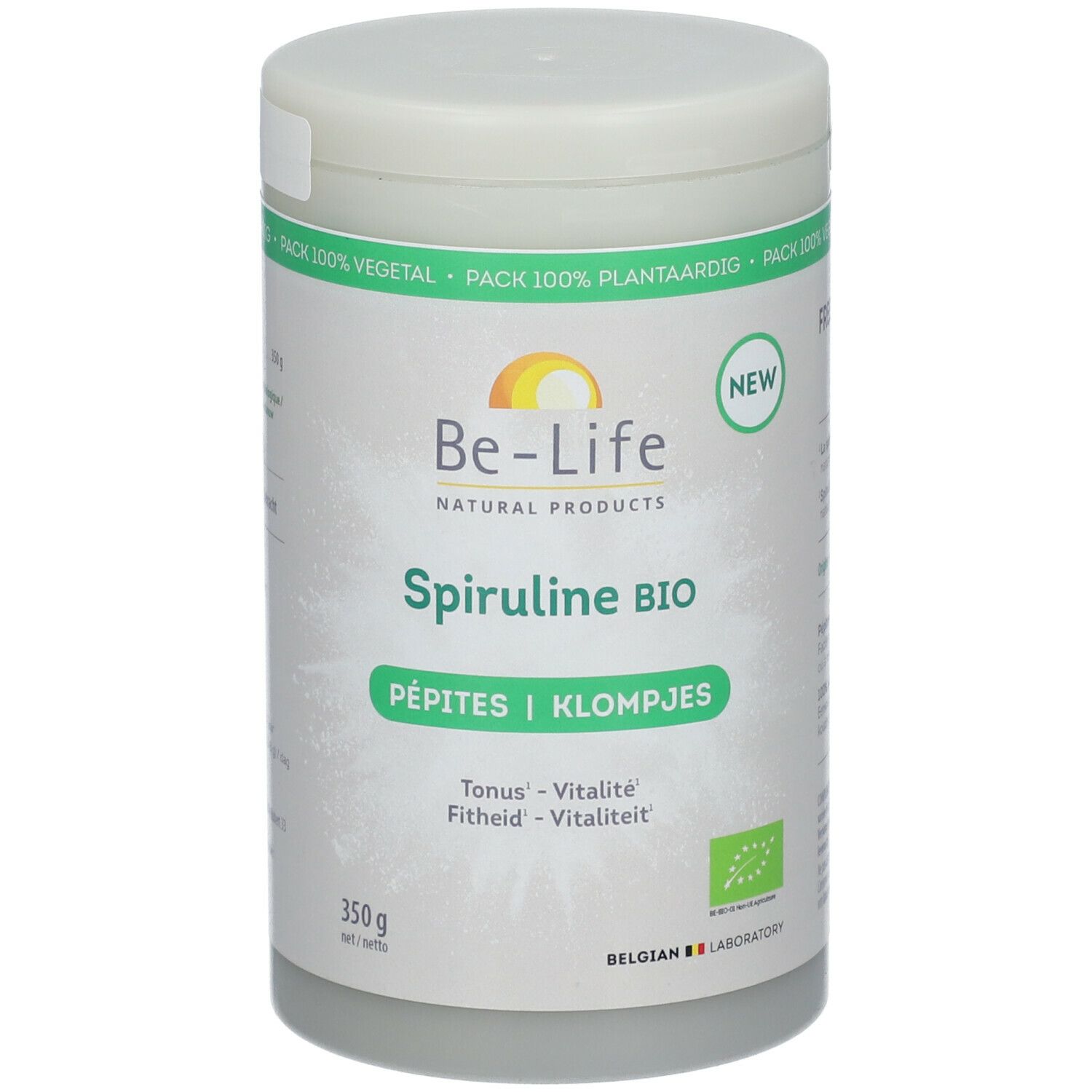Boîte de Spiruline BIO Be-Life. Boîte verte et blanche avec nom du produit et label BIO. 350g.