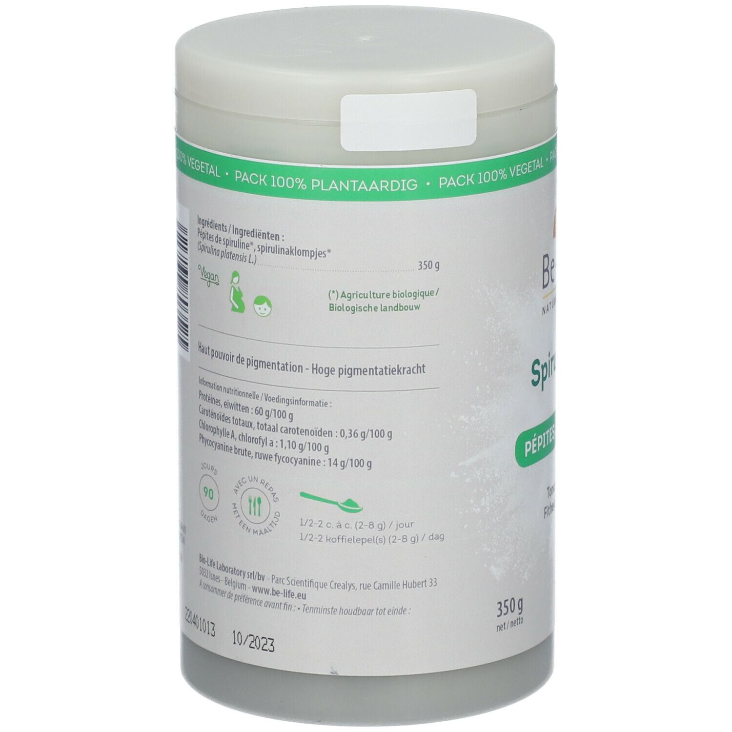 Dos de la boîte de Spiruline BIO Be-Life. Liste des ingrédients, informations nutritionnelles, label BIO et 350g.