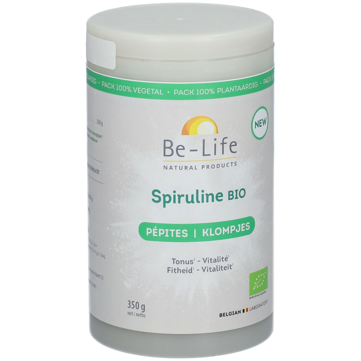 Boîte de Spiruline BIO Be-Life. Boîte verte et blanche avec nom du produit et label BIO. 350g.