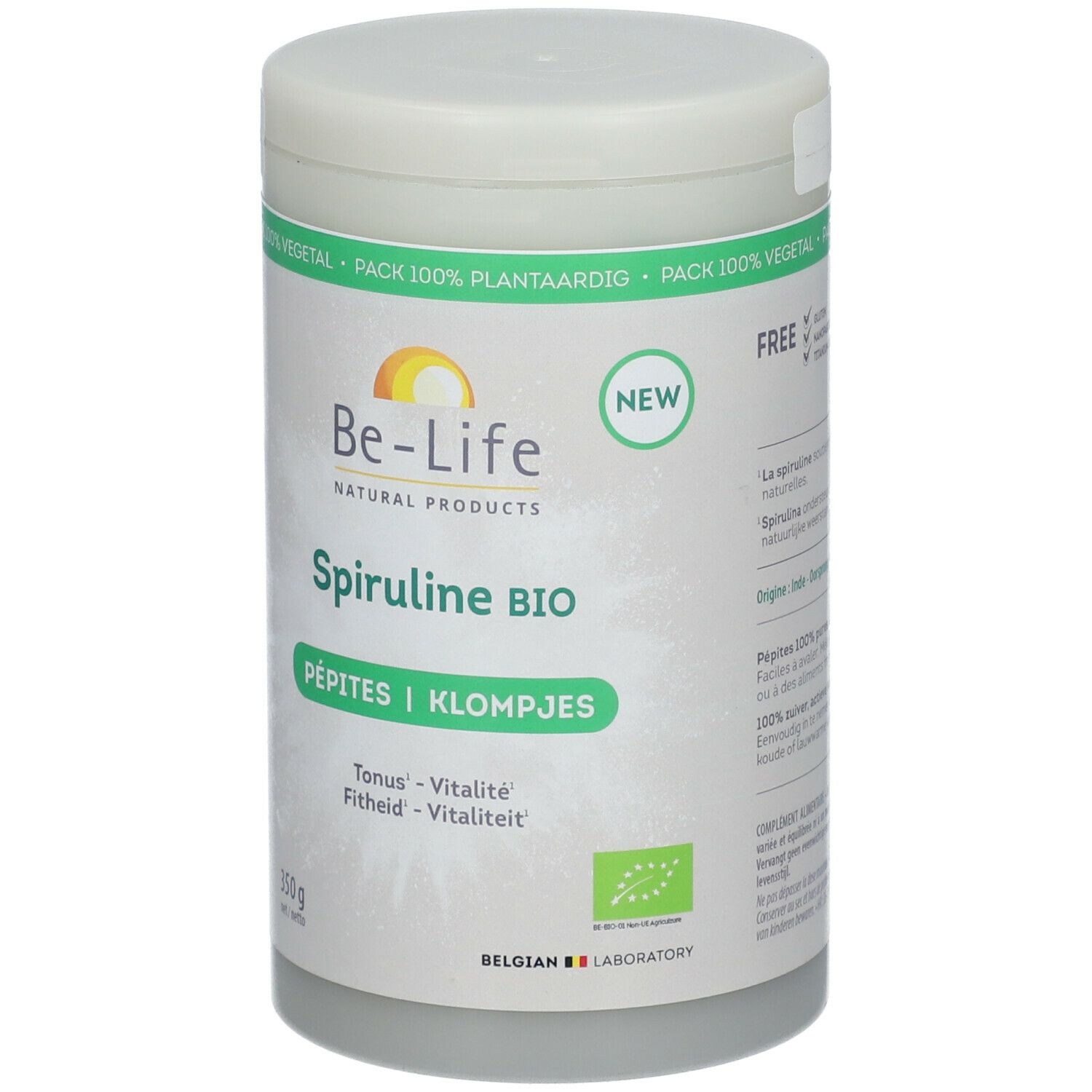 Boîte de Spiruline BIO Be-Life. Boîte verte et blanche avec nom, label BIO et 'FREE'. 350g.