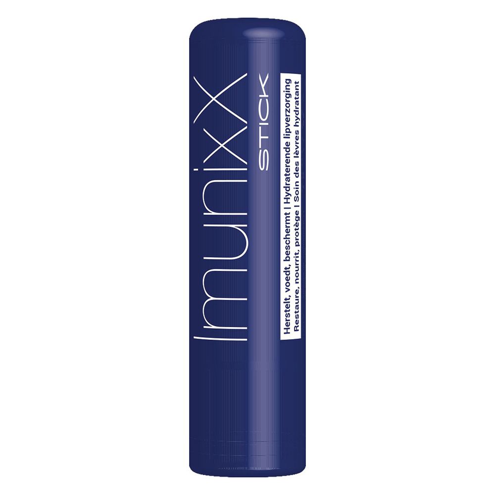 Blauwe lippenbalsem met witte tekst ImunixX Stick. Dop gesloten.