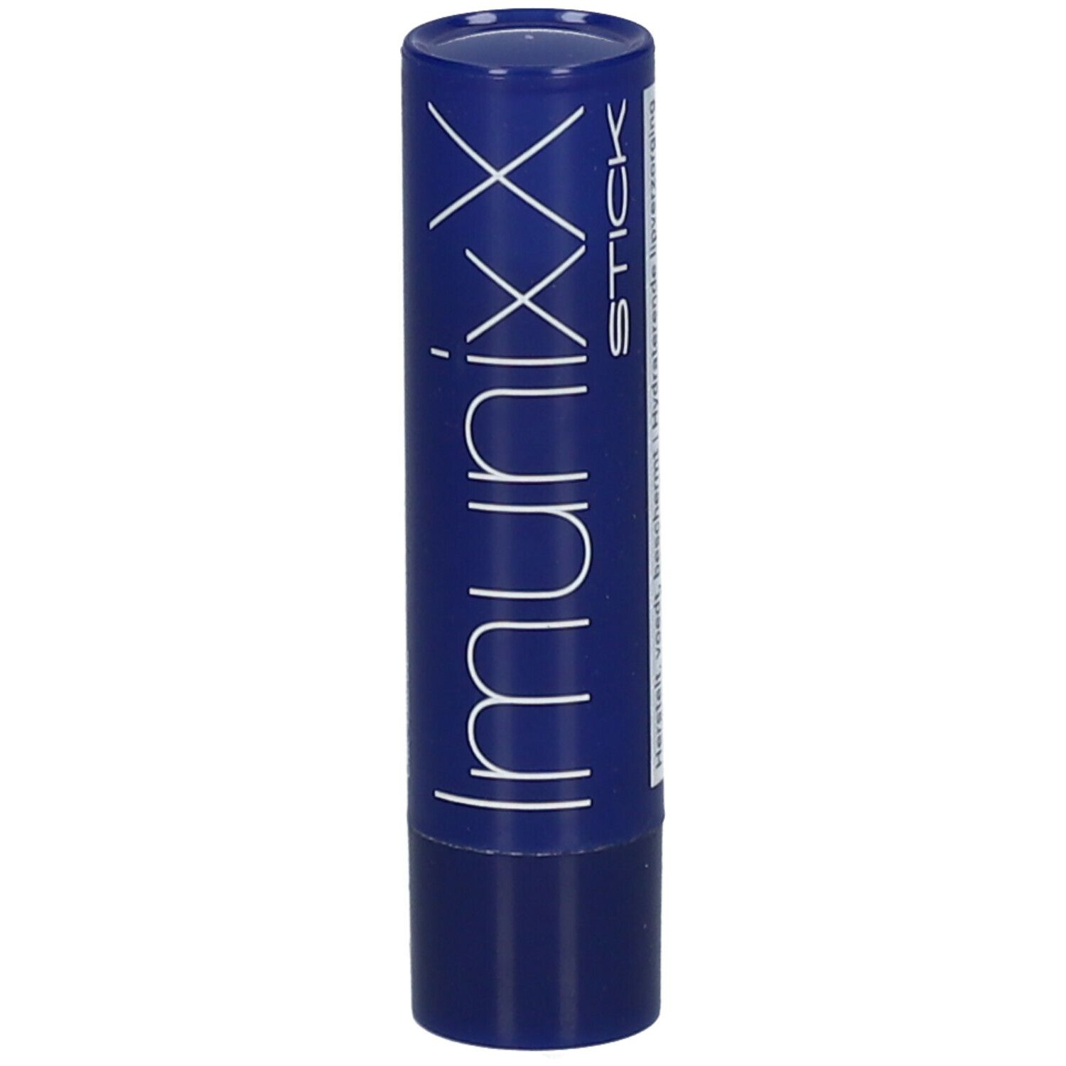 Blauwe lippenbalsem met witte tekst ImunixX Stick. Dop gesloten.