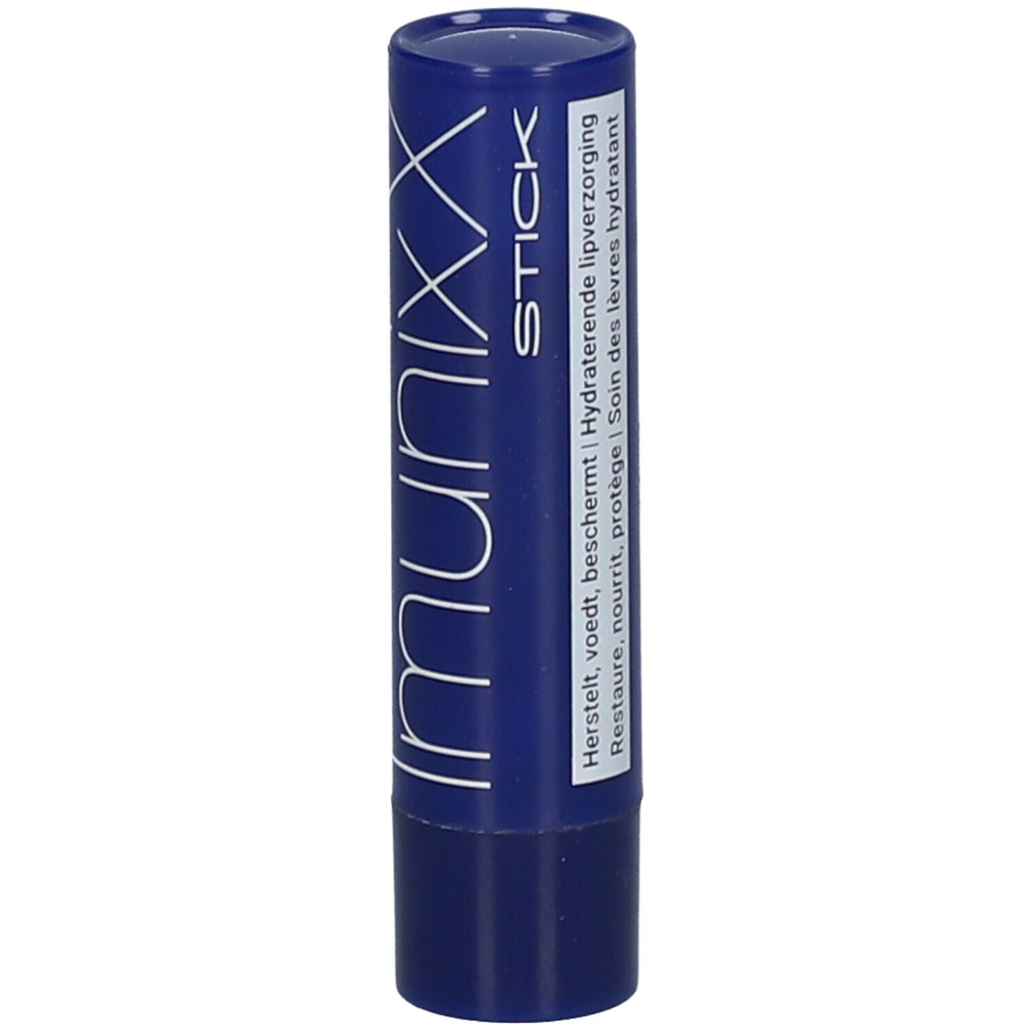 Blauwe lippenbalsem met witte tekst ImunixX Stick. Dop gesloten.