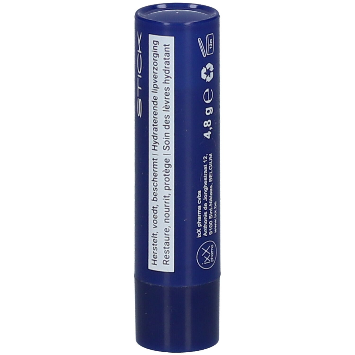 Blauwe lippenbalsem met witte tekst ImunixX Stick. Dop gesloten.