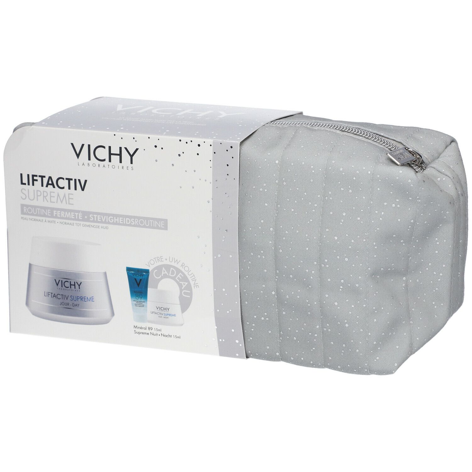 Coffret cadeau avec trousse. Contient crème, sérum et trousse zippée. Logo Vichy et noms de produits visibles.