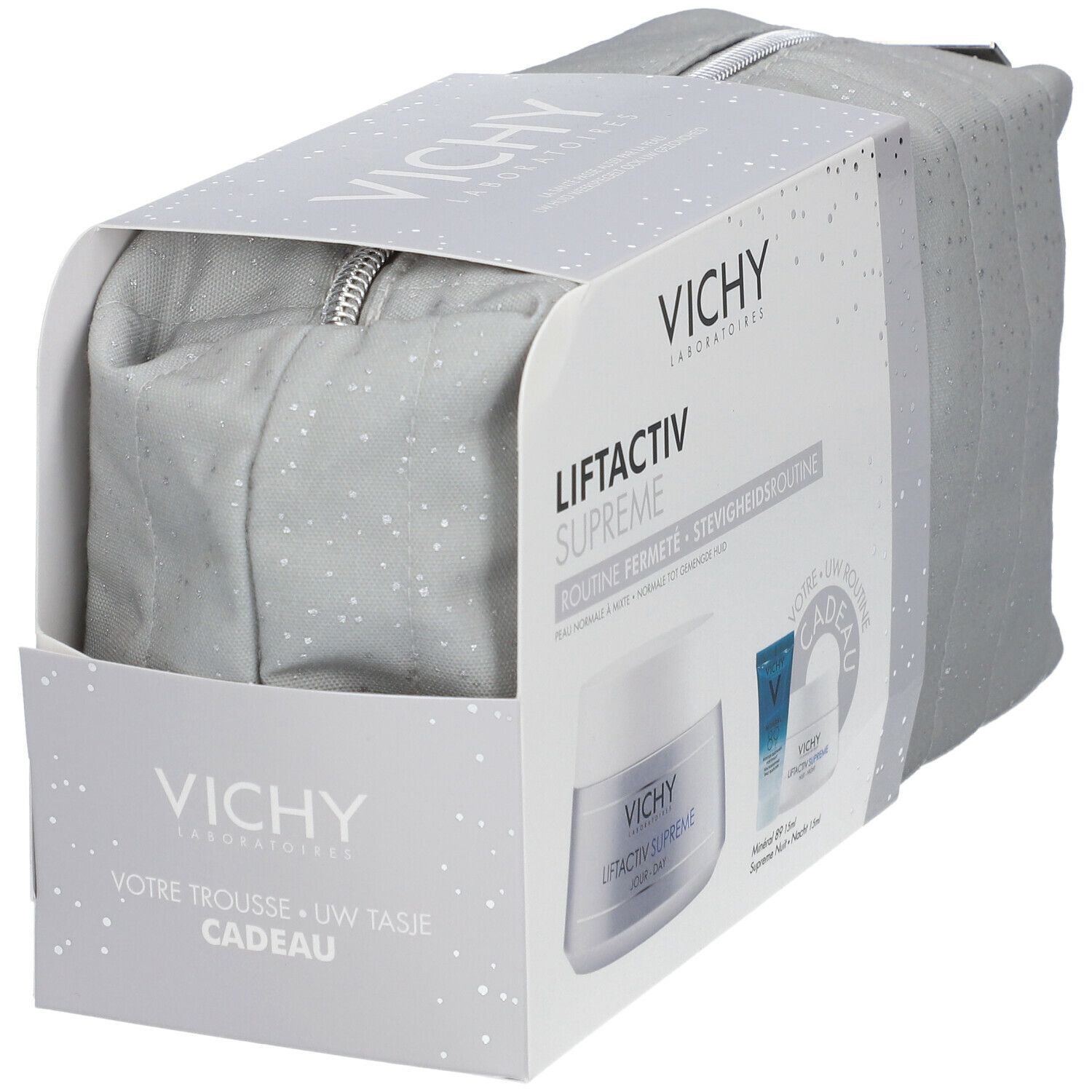 Coffret cadeau avec trousse. Emballage avec logo Vichy et noms de produits. Contient crème, sérum et trousse zippée.
