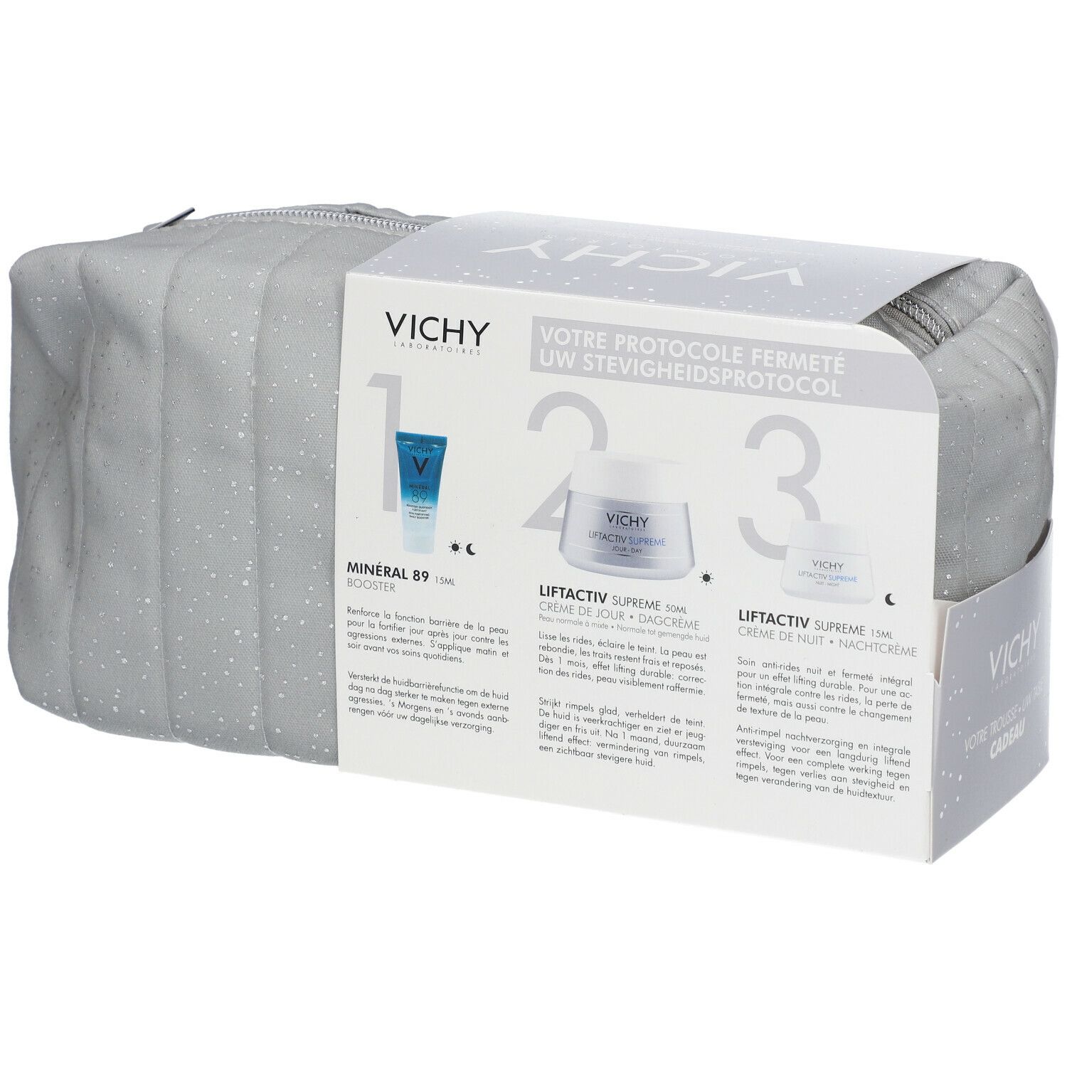 Coffret cadeau avec trousse. Dos de l'emballage avec informations produit. Contient crème, sérum et trousse zippée.