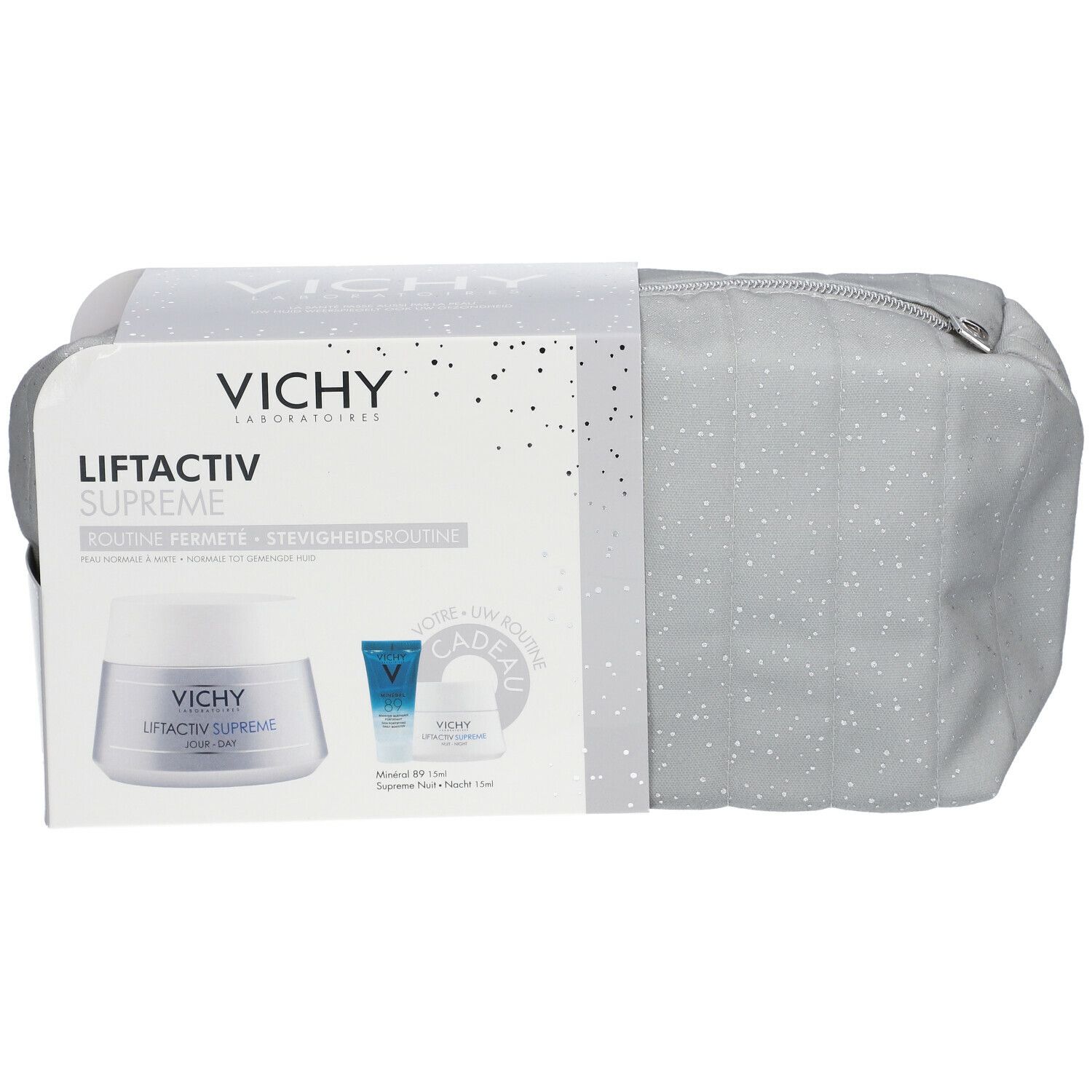 Coffret cadeau avec trousse. Contient crème, sérum et trousse zippée. Logo Vichy et noms de produits visibles.