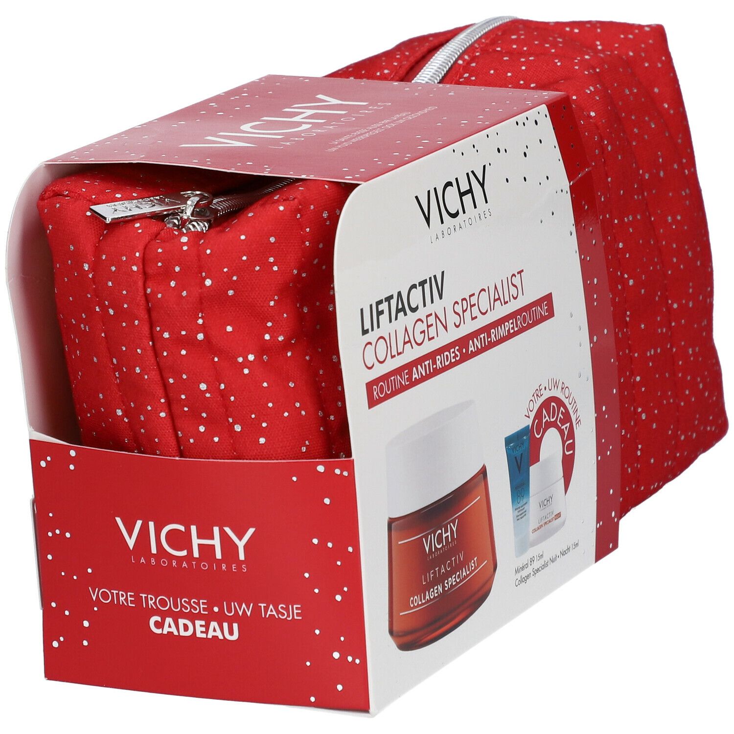 Trousse de toilette rouge à pois blancs dans coffret cadeau. Inscriptions: Vichy, Liftactiv Collagen Specialist, Cadeau.