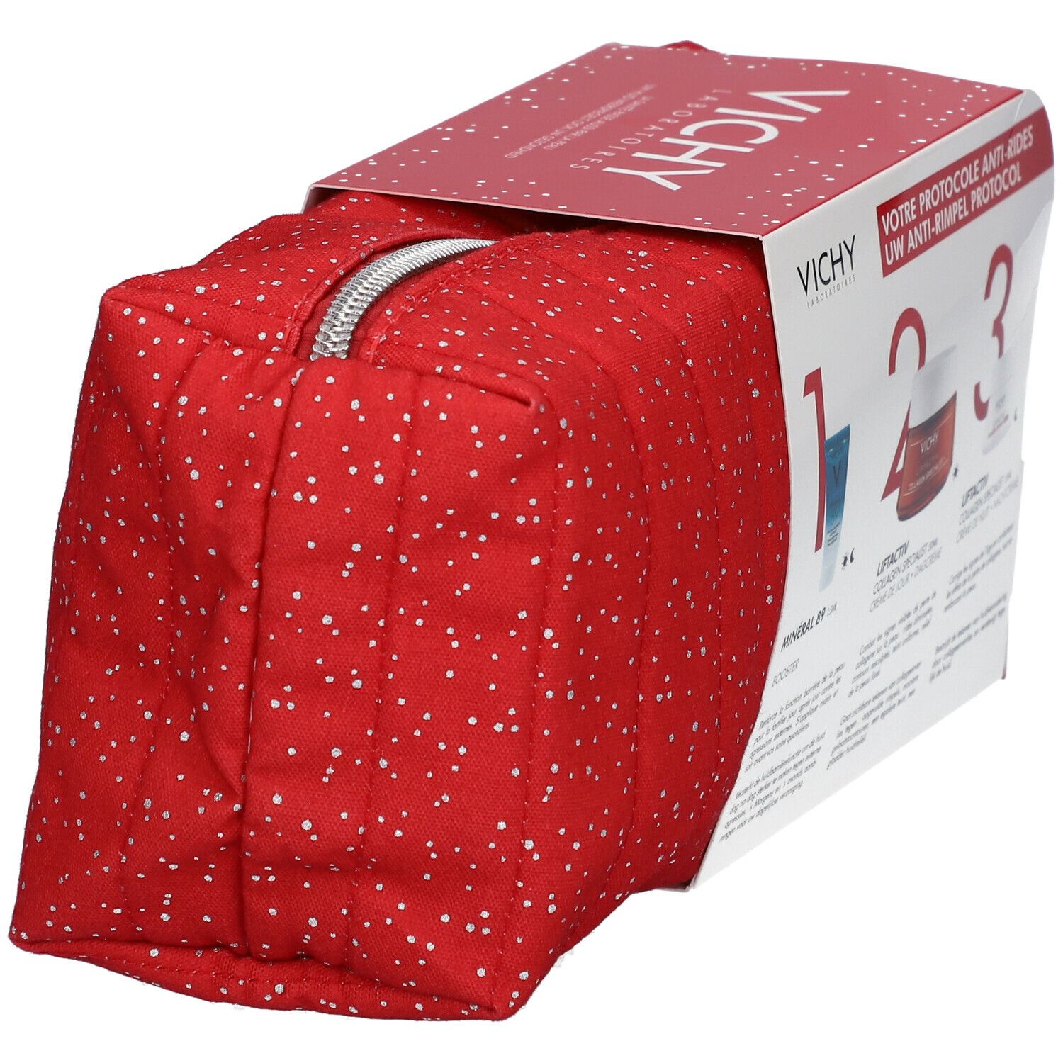 Trousse de toilette rouge à pois blancs et coffret cadeau. Inscriptions: Vichy, Protocole anti-rides, produits.