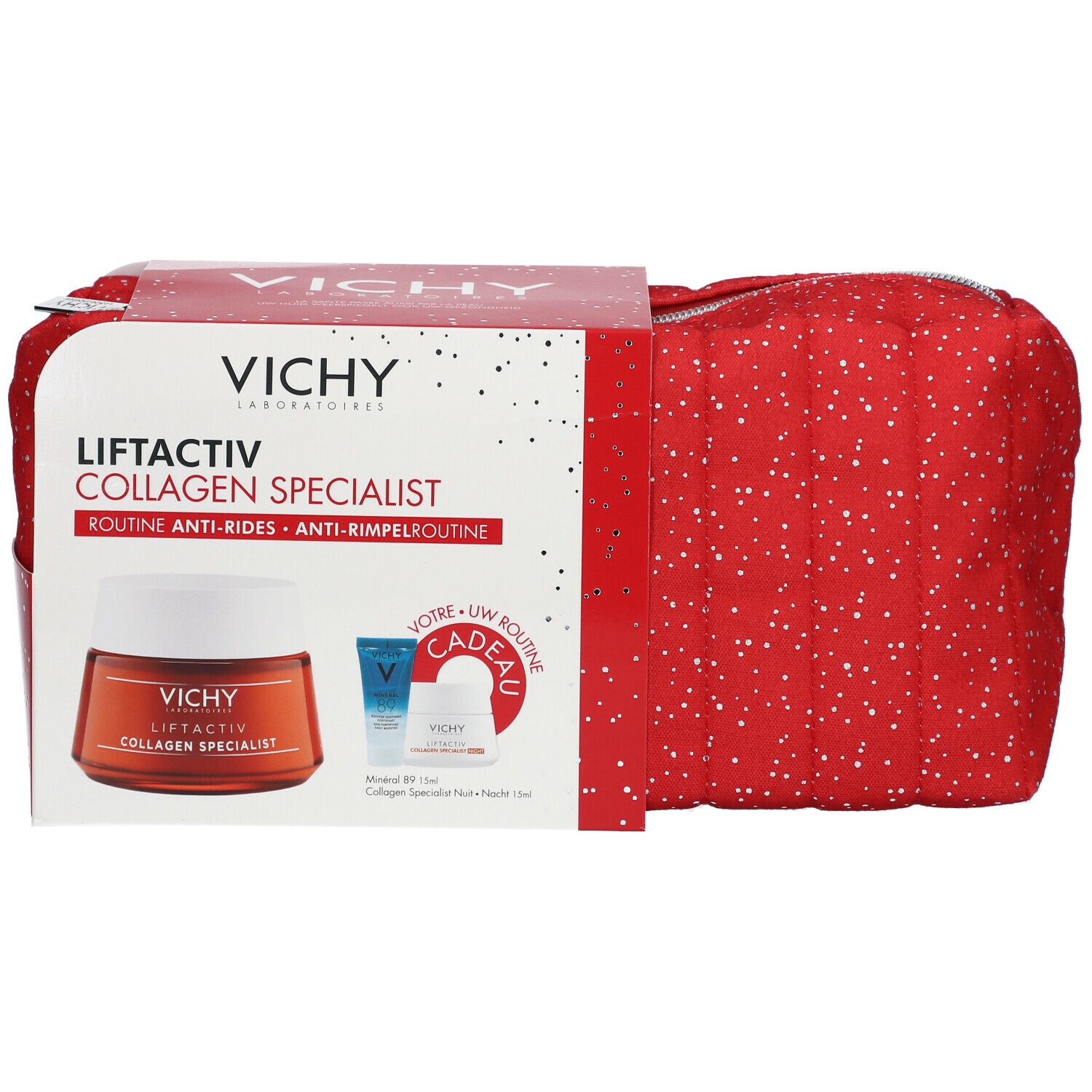Trousse de toilette rouge à pois blancs et coffret cadeau. Inscriptions: Vichy, Liftactiv Collagen Specialist, Cadeau.