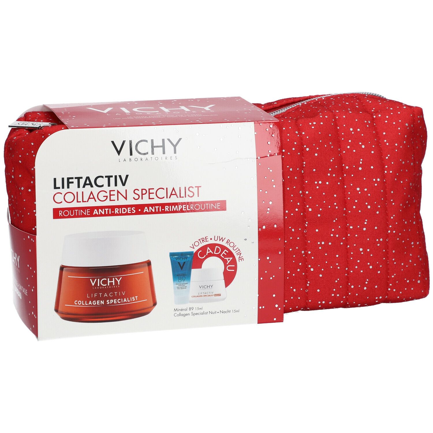 Trousse de toilette rouge à pois blancs et coffret cadeau. Inscriptions: Vichy, Liftactiv Collagen Specialist, Cadeau.