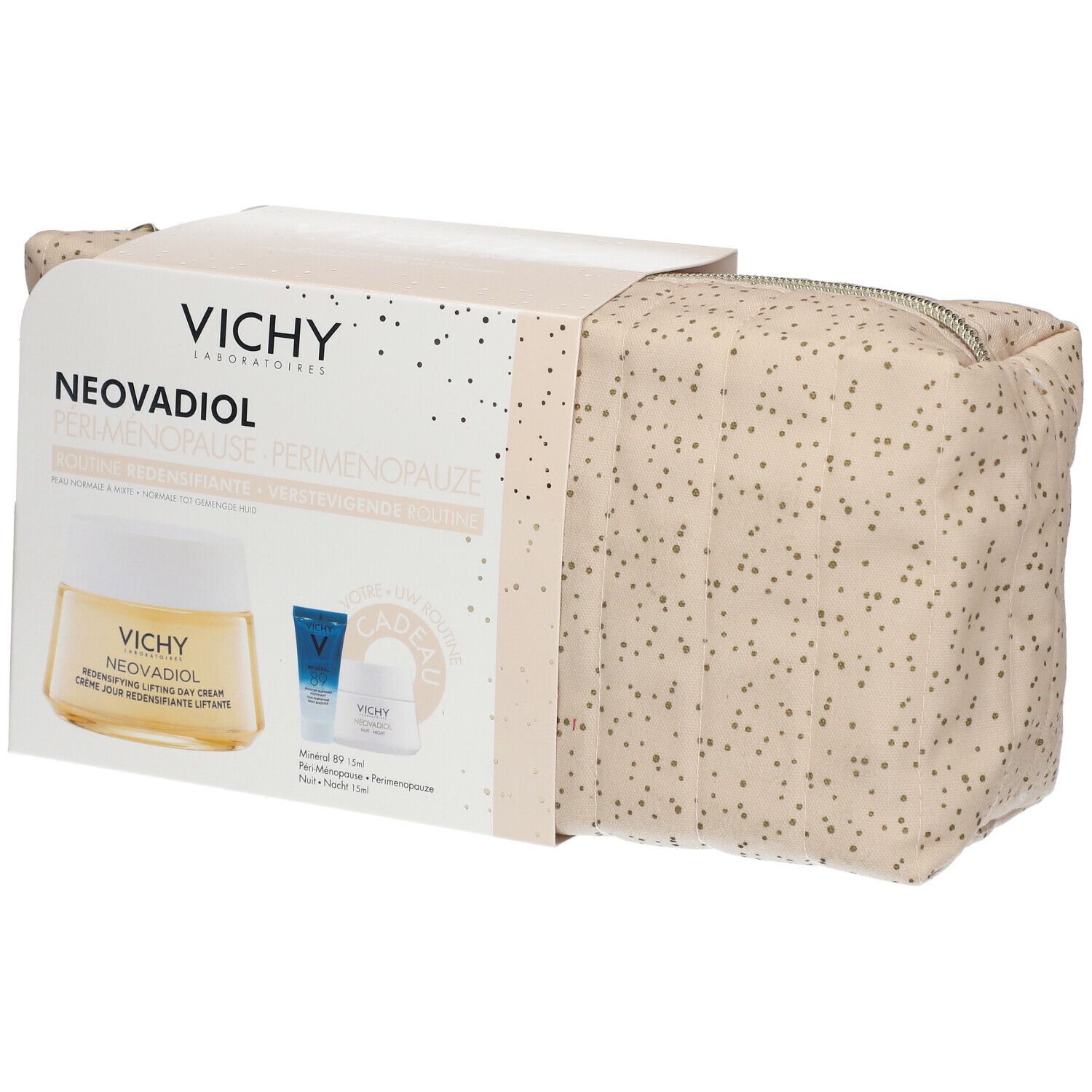 Vichy Neovadiol cadeauverpakking. Beige toilettas met stippen. Doos met productafbeeldingen en tekst.