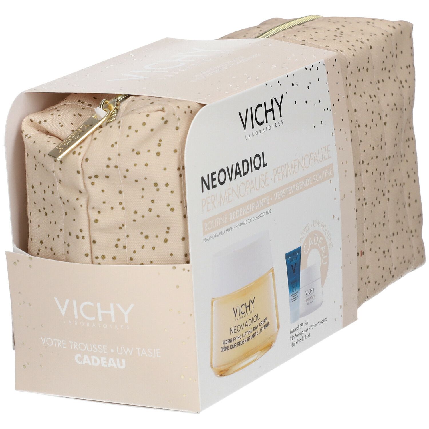 Vichy Neovadiol cadeauverpakking. Beige toilettas met stippen en rits. Doos met productafbeeldingen.
