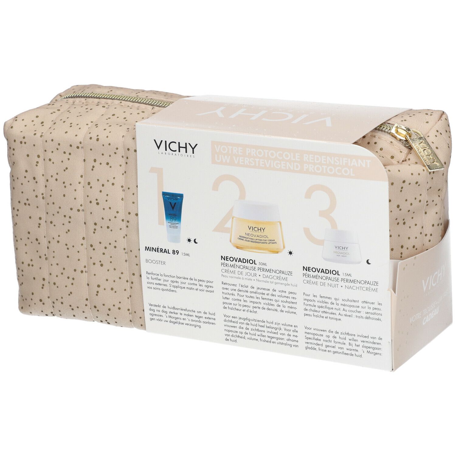 Vichy Neovadiol cadeauverpakking. Beige toilettas met stippen en rits. Doos met afbeeldingen en tekst.