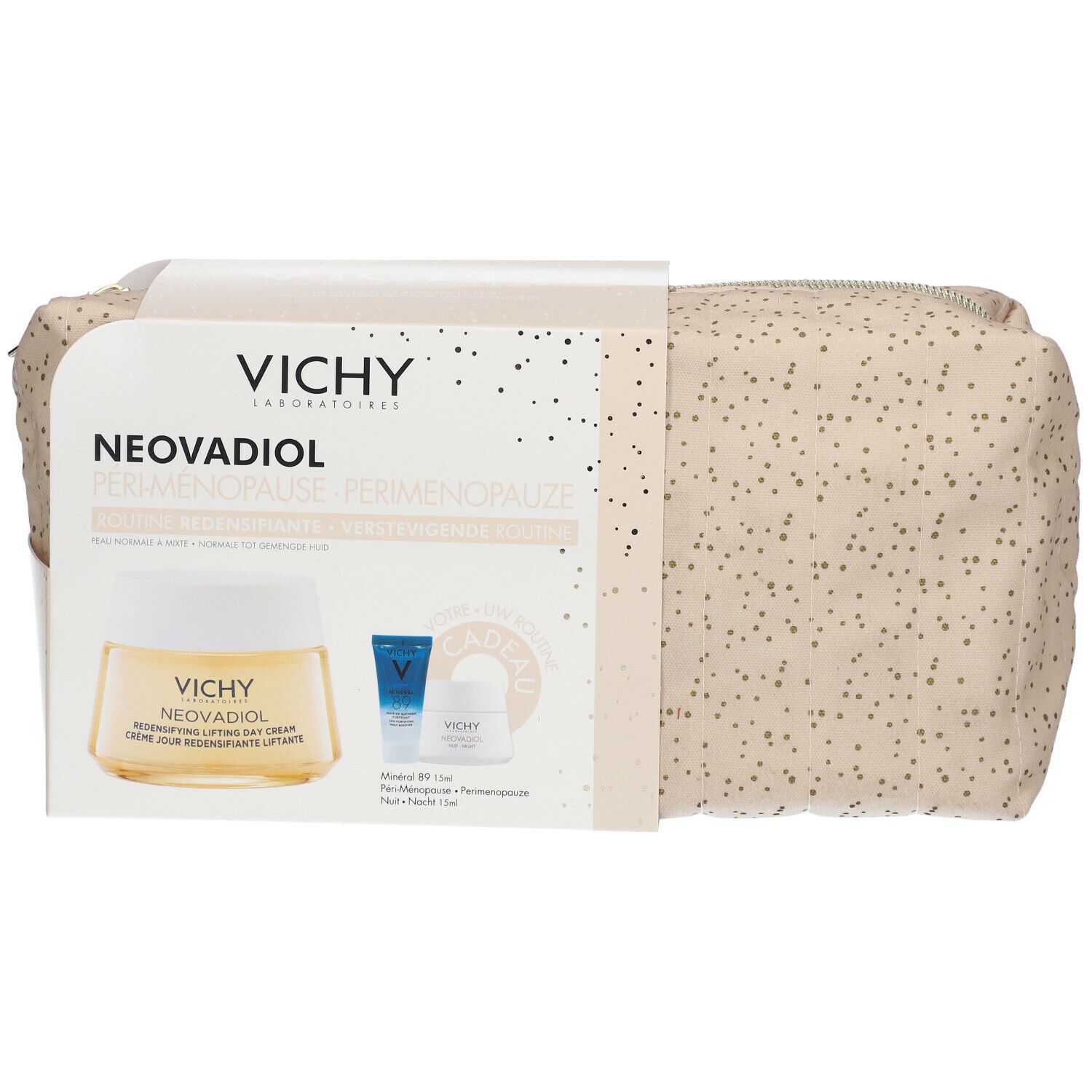 Vichy Neovadiol cadeauverpakking. Beige toilettas met stippen. Doos met productafbeeldingen en tekst.