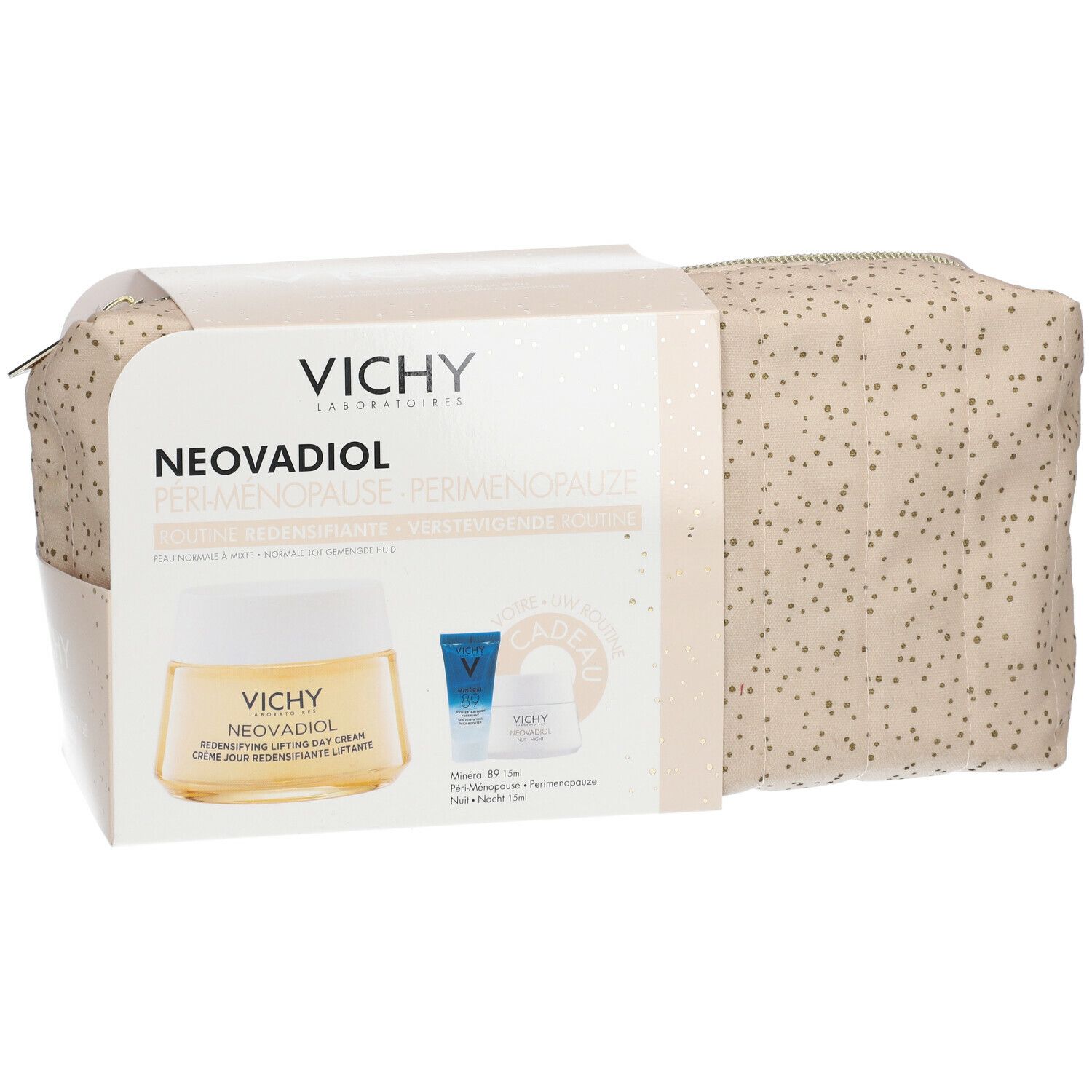 Vichy Neovadiol cadeauverpakking. Beige toilettas met stippen. Doos met productafbeeldingen en tekst.