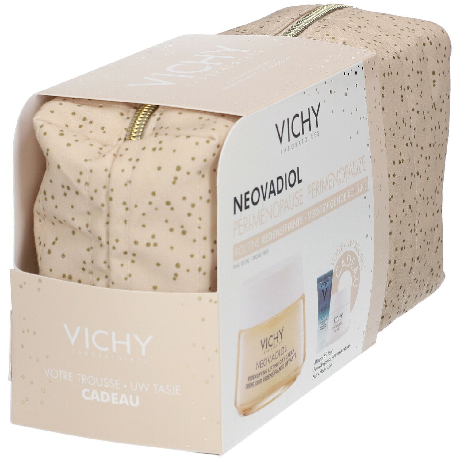 Vichy Neovadiol cadeauverpakking. Beige toilettas met gouden stippen, met crème pot en twee andere producten. Vichy logo zichtbaar.
