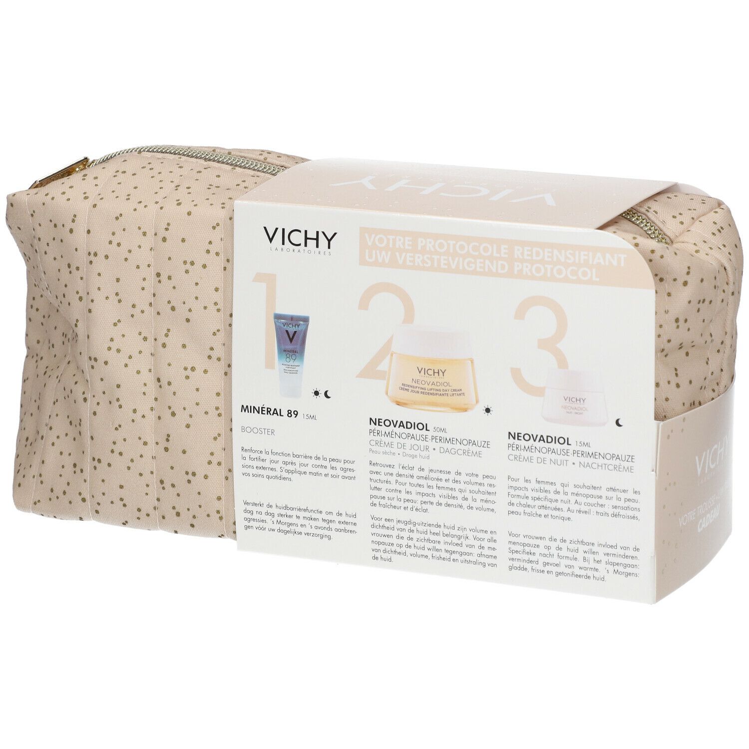 Vichy cadeauverpakking. Beige toilettas met gouden stippen, met drie producten en tekst. Vichy logo en productinformatie.