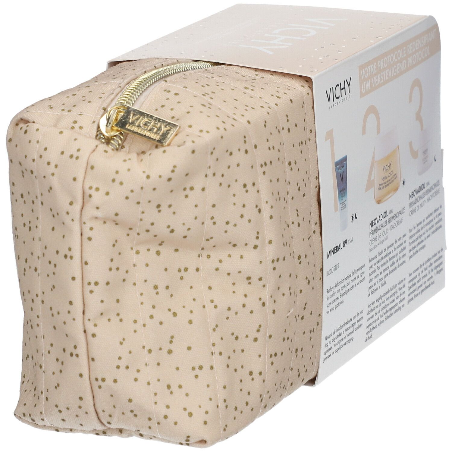 Vichy toilettas met gouden rits. Beige met gouden stippen. Drie producten afgebeeld op de verpakking.