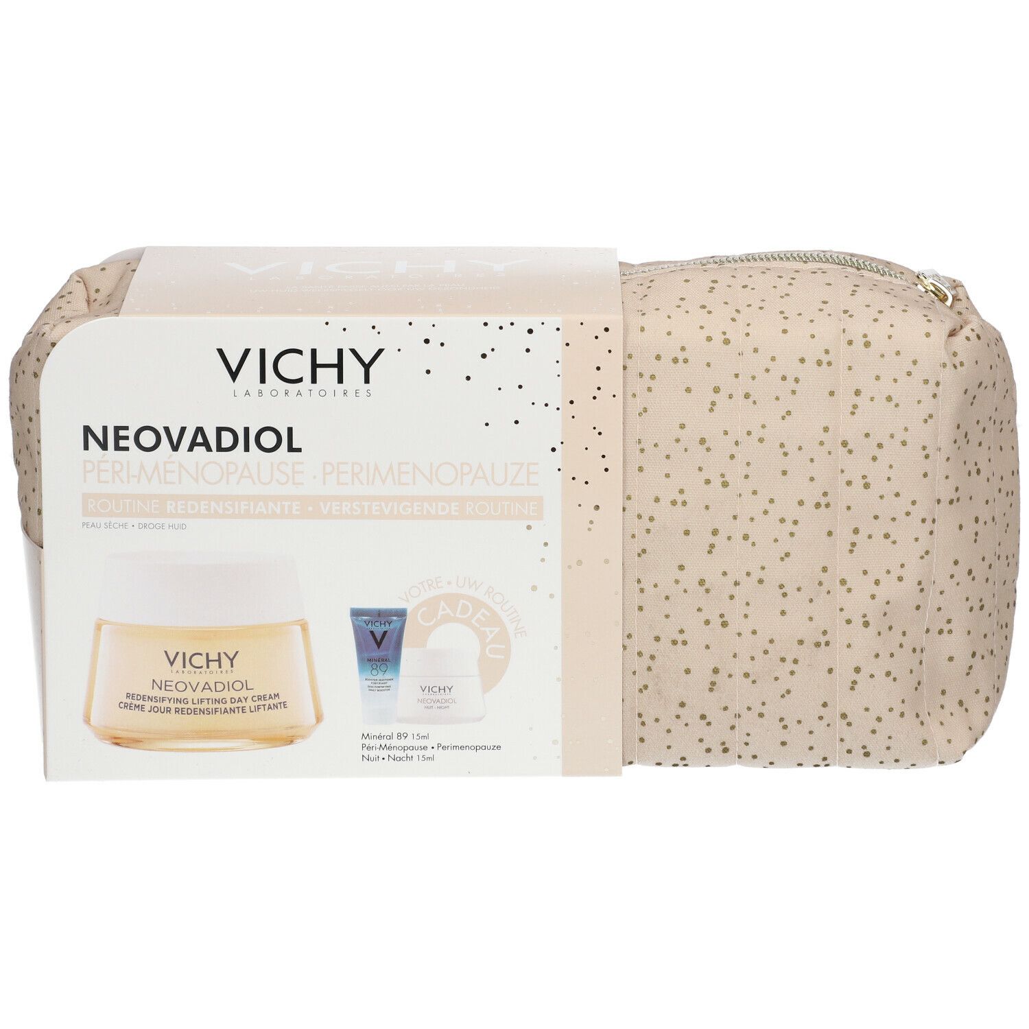Vichy Neovadiol cadeauverpakking. Beige toilettas met gouden stippen, met crème pot en twee andere producten. Vichy logo zichtbaar.