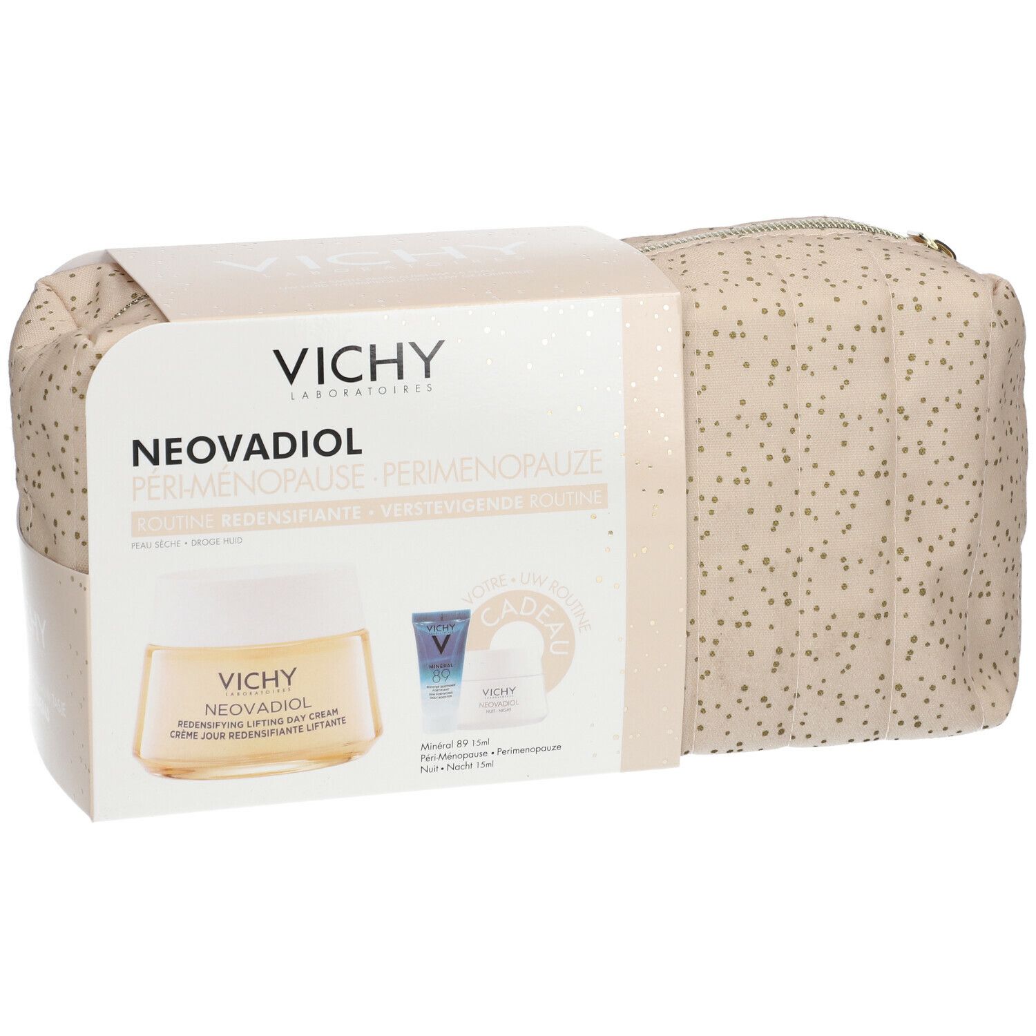 Vichy Neovadiol cadeauverpakking. Beige toilettas met gouden stippen, met crème pot en twee andere producten. Vichy logo zichtbaar.