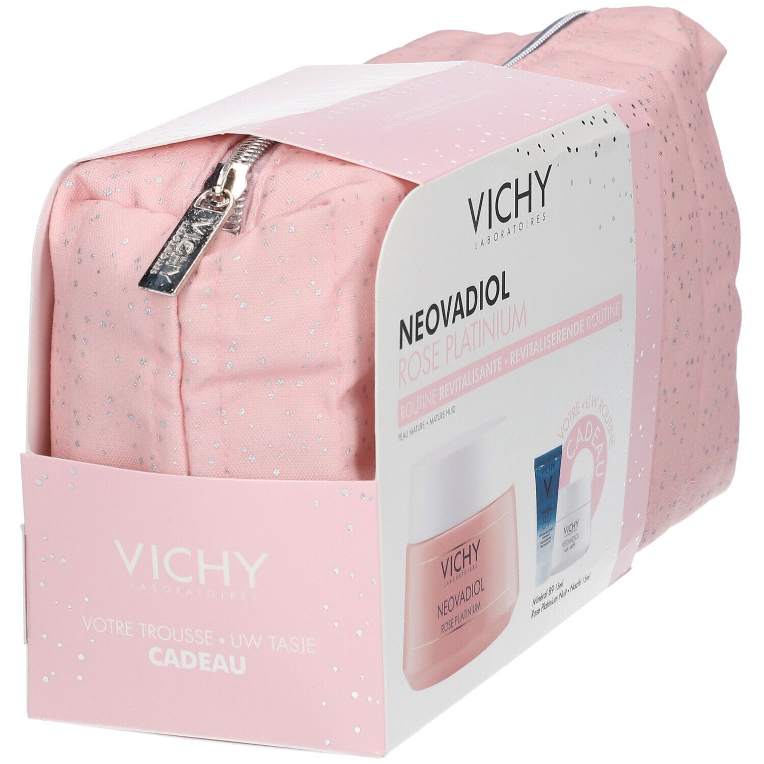 Roze toilettas met rits en Vichy-verpakking. Bevat crème, serum en oogverzorging. Vichy Neovadiol Rose Platinium.