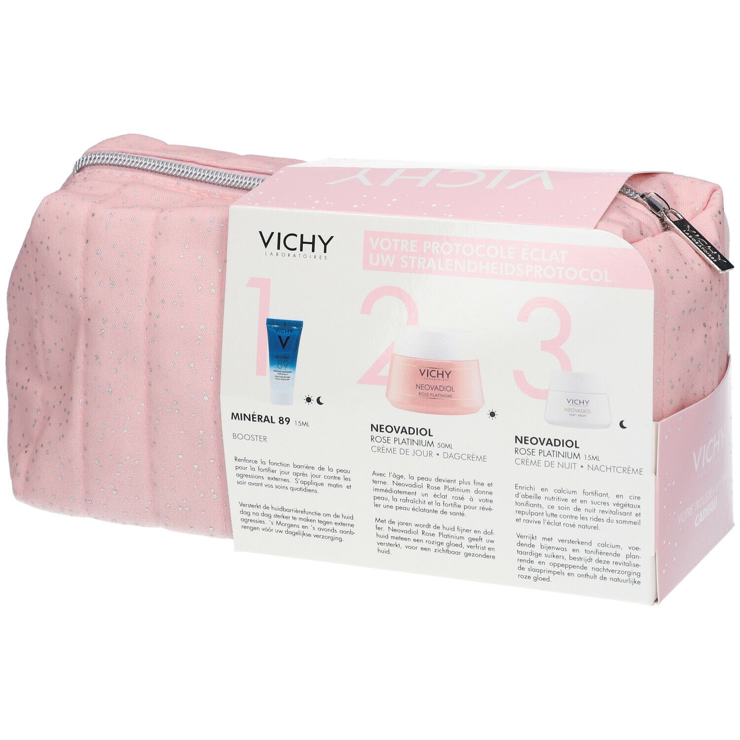 Roze toilettas met Vichy-verpakking. Bevat crème, serum en oogverzorging. Vichy Neovadiol Rose Platinium. Productprotocol.