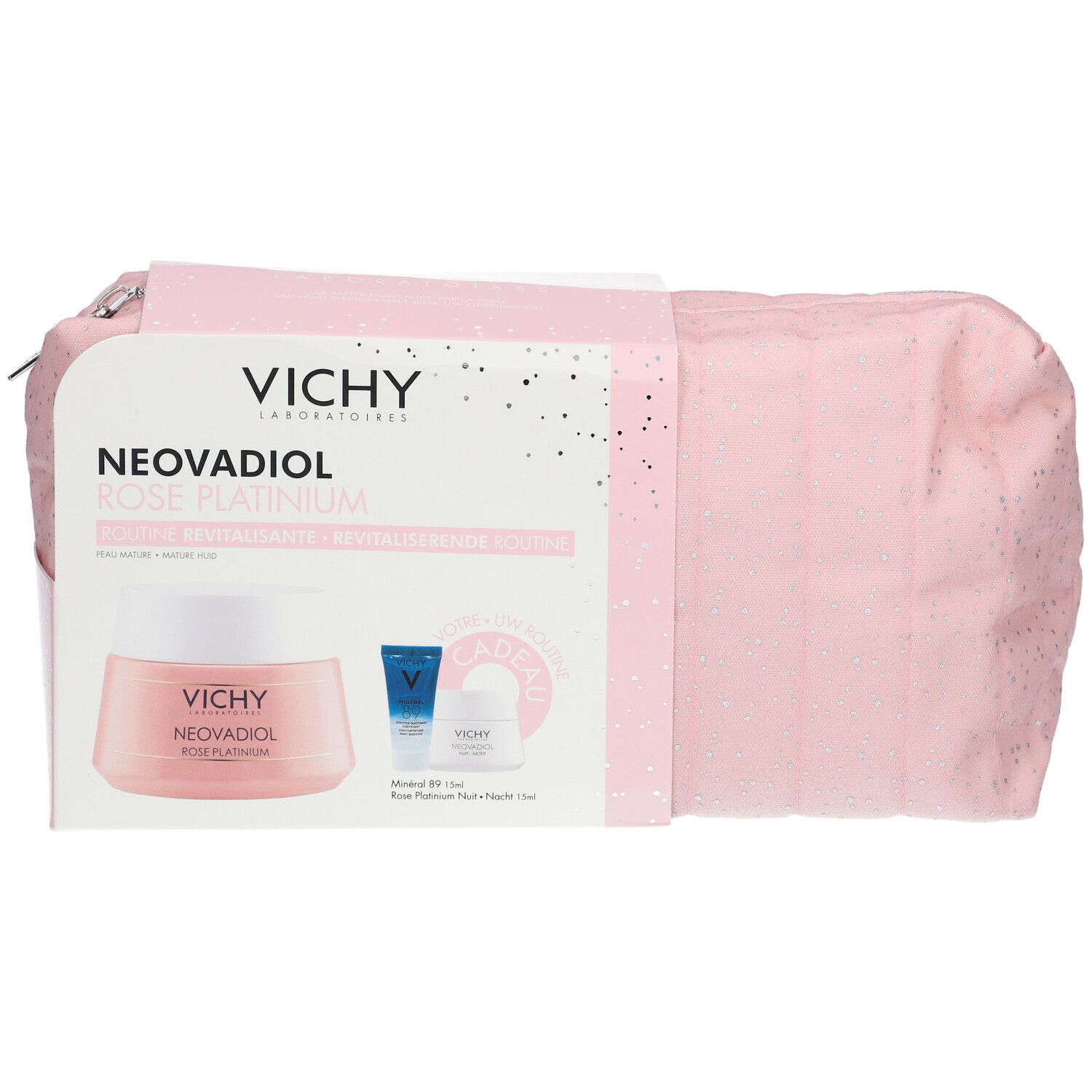 Roze toilettas met Vichy-verpakking. Bevat crème, serum en oogverzorging. Vichy Neovadiol Rose Platinium Coffret Cadeau.