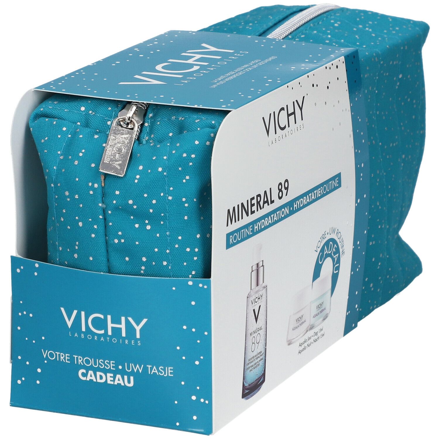 Cadeauset met toilettas en verpakking. Vichy-logo en productnamen zichtbaar. Blauwe tas met witte stippen, ritssluiting.
