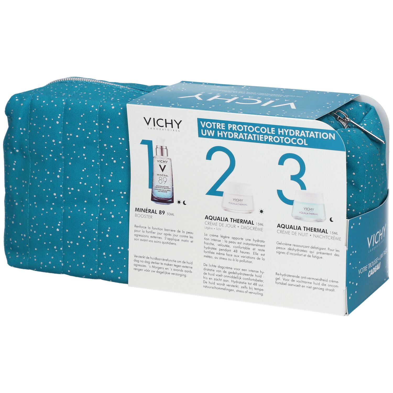 Cadeauset met toilettas en verpakking. Vichy-logo en productnamen zichtbaar. Blauwe tas met witte stippen, ritssluiting.