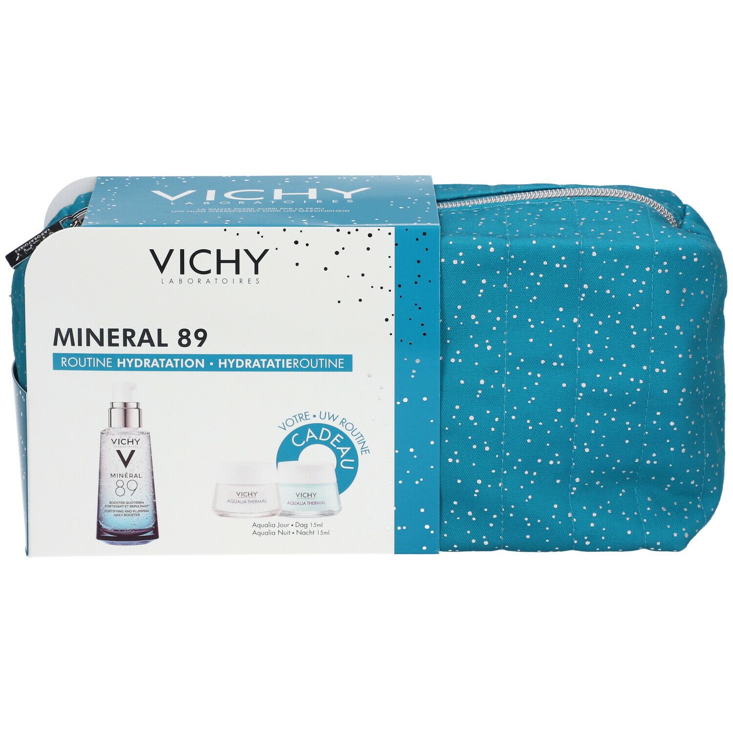 Cadeauset met toilettas en verpakking. Vichy-logo en productnamen zichtbaar. Blauwe tas met witte stippen, ritssluiting.