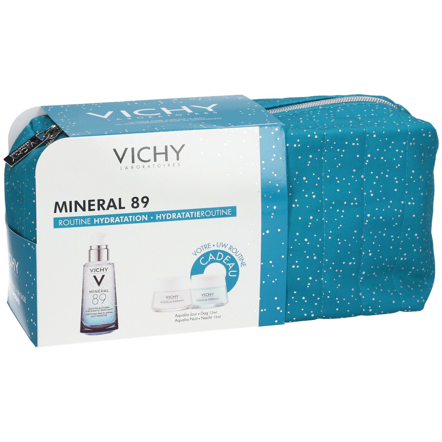 Cadeauset met toilettas en verpakking. Vichy-logo en productnamen zichtbaar. Blauwe tas met witte stippen, ritssluiting.
