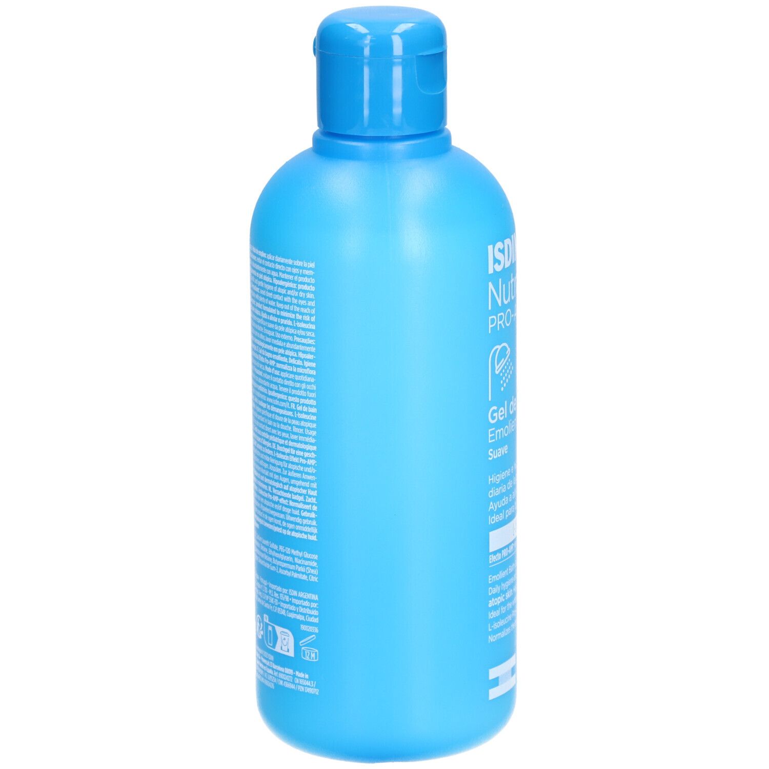 Hellblaue Flasche mit Klappverschluss. Rückseite mit Text. ISDIN Nutratopic PRO-AMP Gel de Baño.