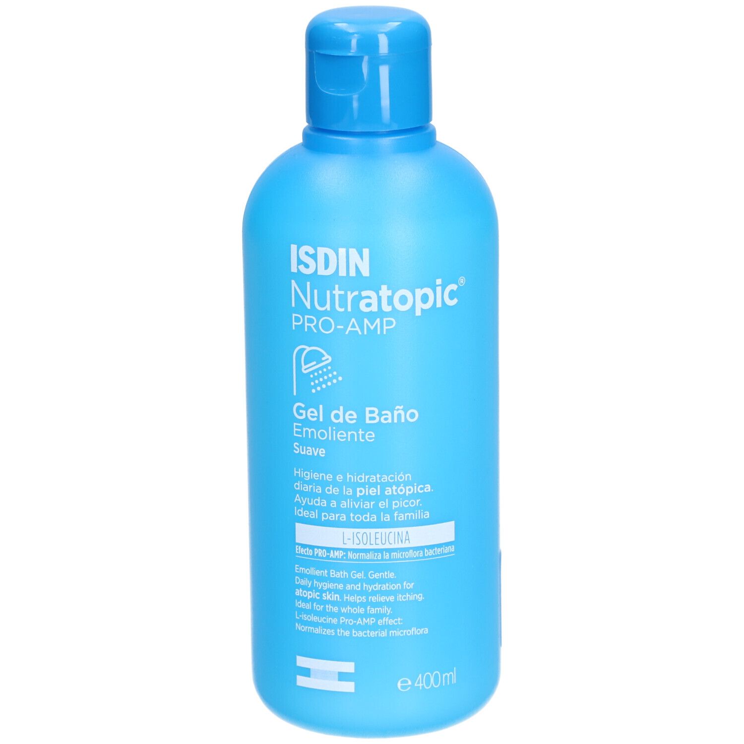 Hellblaue Flasche mit Klappverschluss. Aufschrift: ISDIN Nutratopic PRO-AMP Gel de Baño. Enthält 400ml.