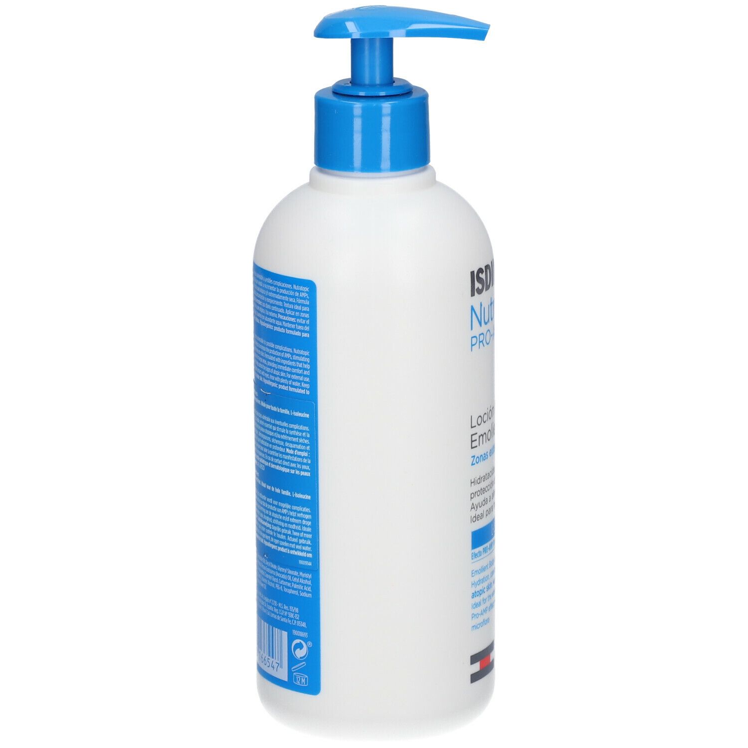 Witte fles met blauwe pomp. Opschrift: ISDIN Nutratopic PRO-AMP. Productinformatie op blauw etiket.
