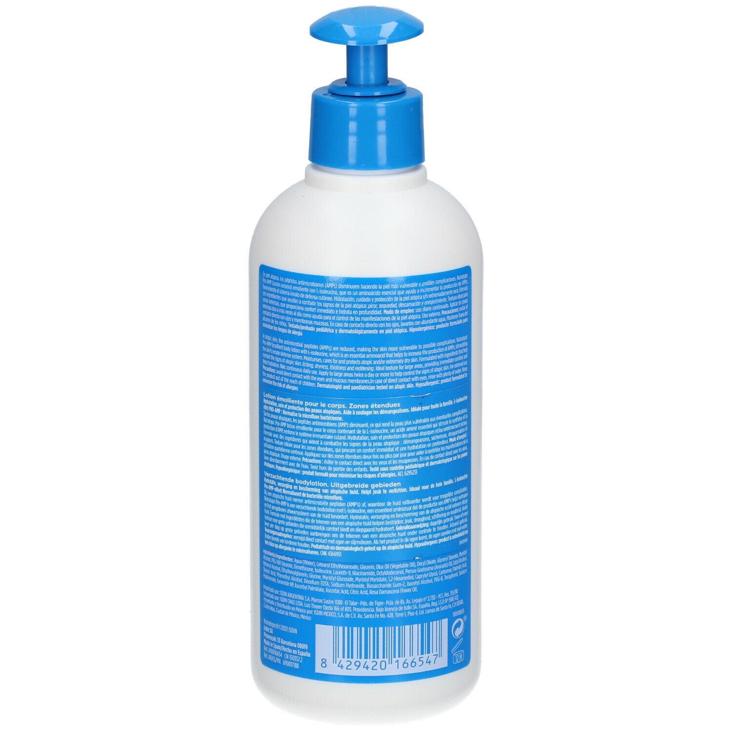 Achterkant van een witte fles met blauwe pomp. Tekst op blauw etiket. Barcode en volume-aanduiding.