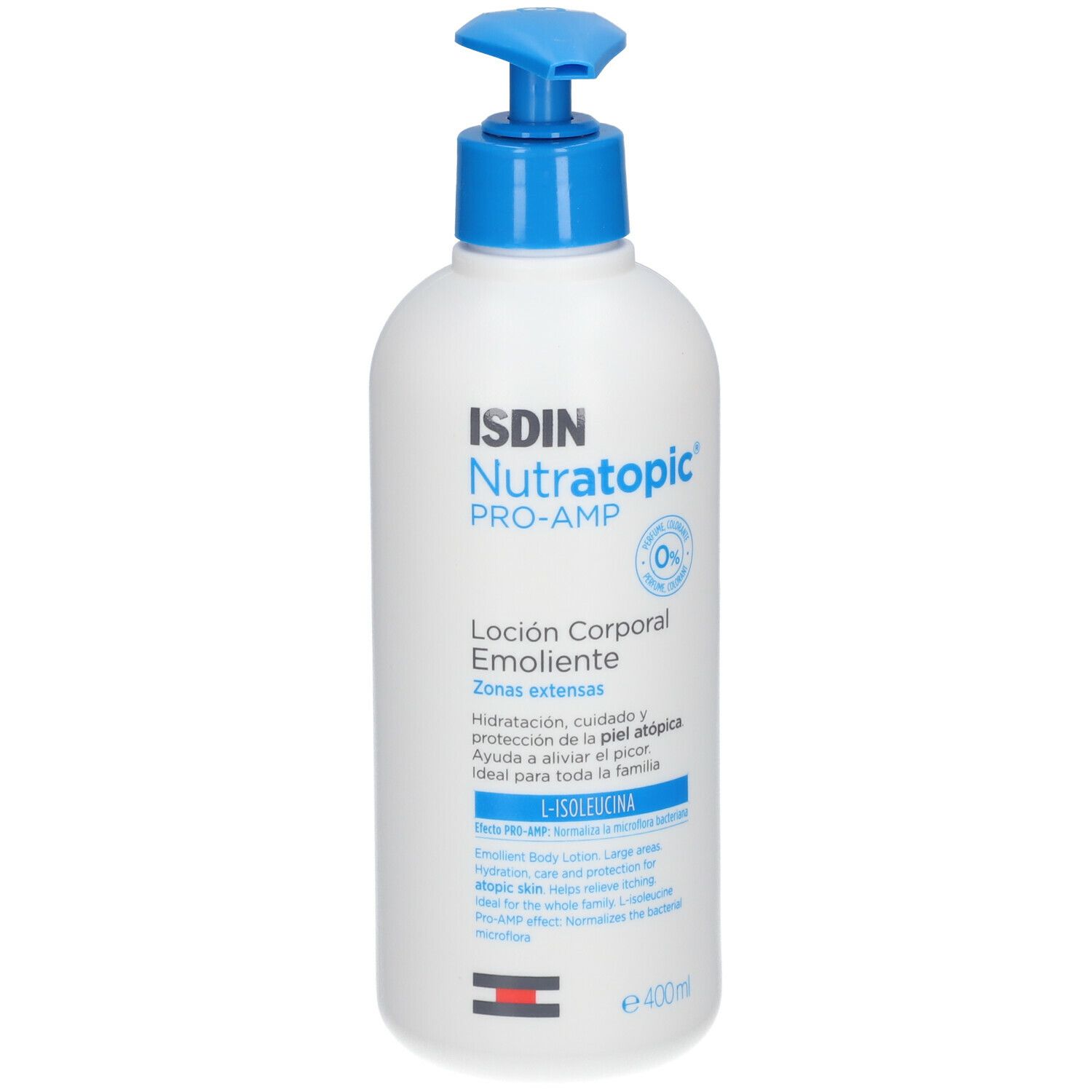 Witte fles met blauwe pomp. Opschrift: ISDIN Nutratopic PRO-AMP. Lotion voor de gevoelige huid. 400ml.