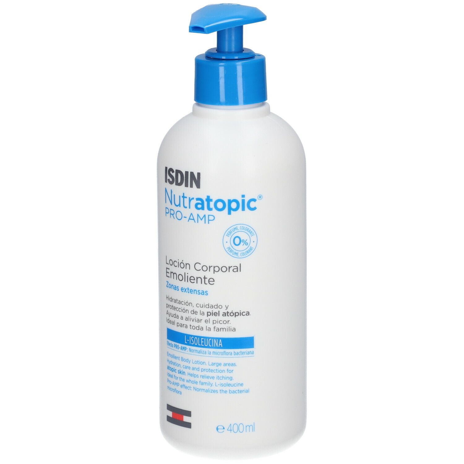 Witte fles met blauwe pomp. Opschrift: ISDIN Nutratopic PRO-AMP. Lotion voor de gevoelige huid. 400ml.