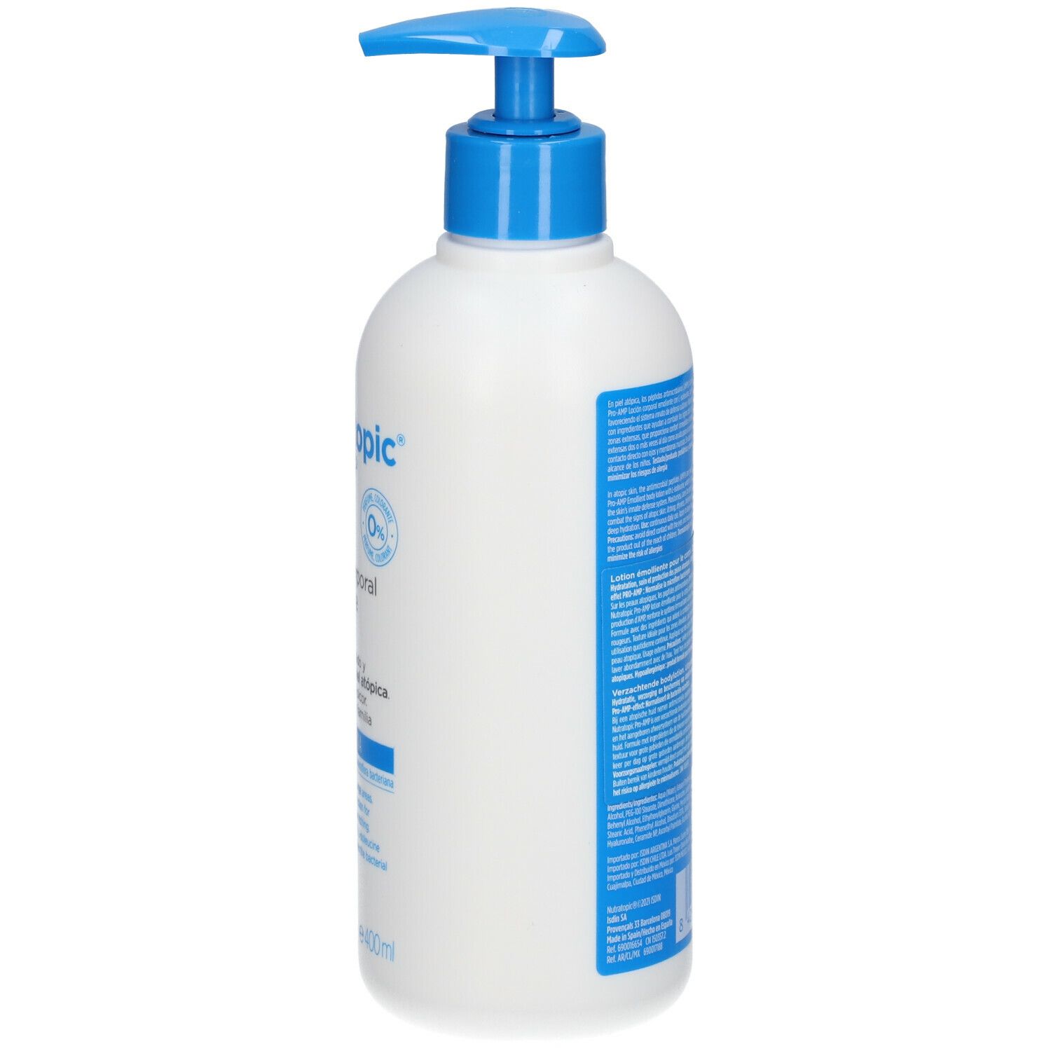 Witte fles met blauwe pomp. Opschrift: ISDIN Nutratopic PRO-AMP. Productinformatie op blauw etiket.