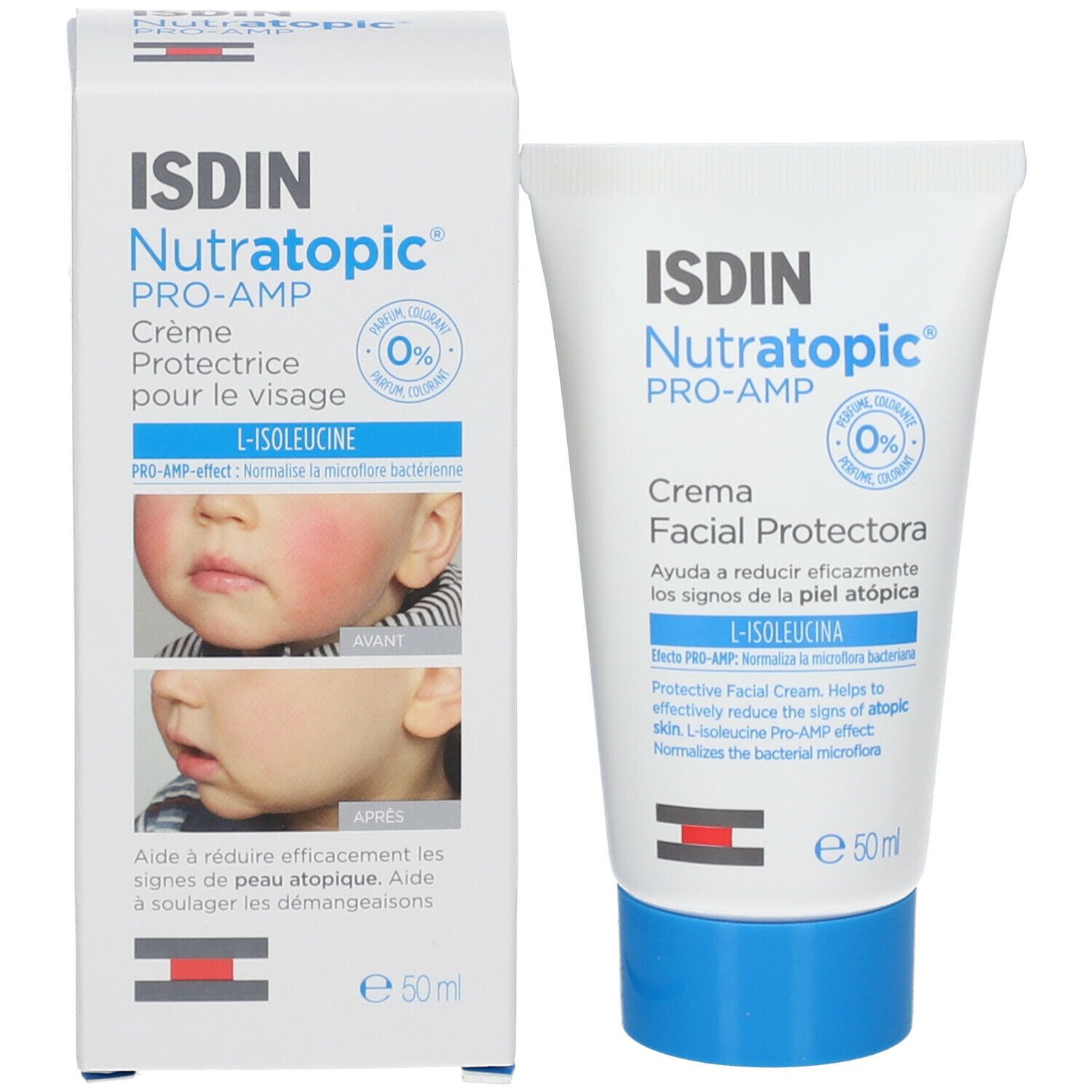 Verpakking en tube. Opschrift: ISDIN Nutratopic® PRO-AMP. Crème voor het gezicht. 50 ml.