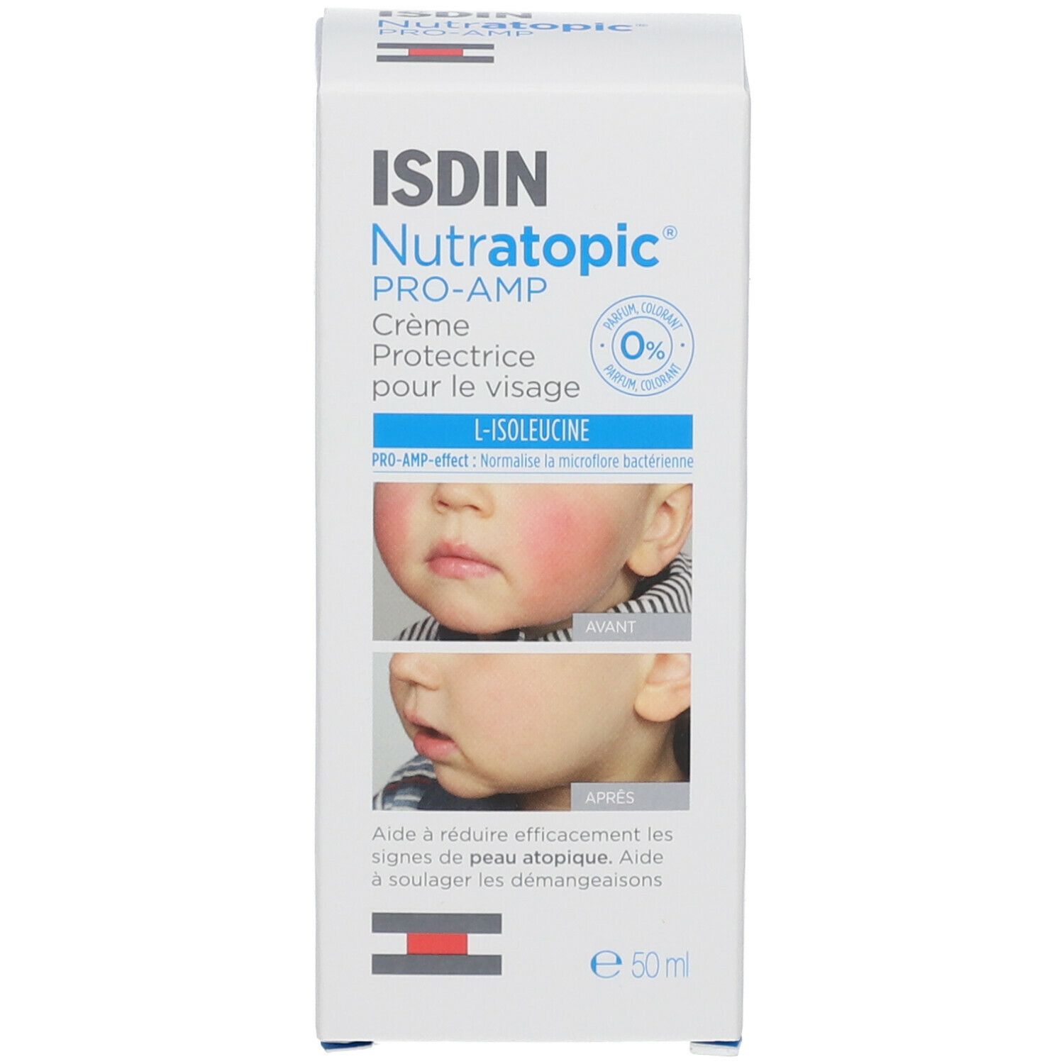 Productverpakking. Opschrift: ISDIN Nutratopic® PRO-AMP. Crème voor het gezicht. 50 ml.