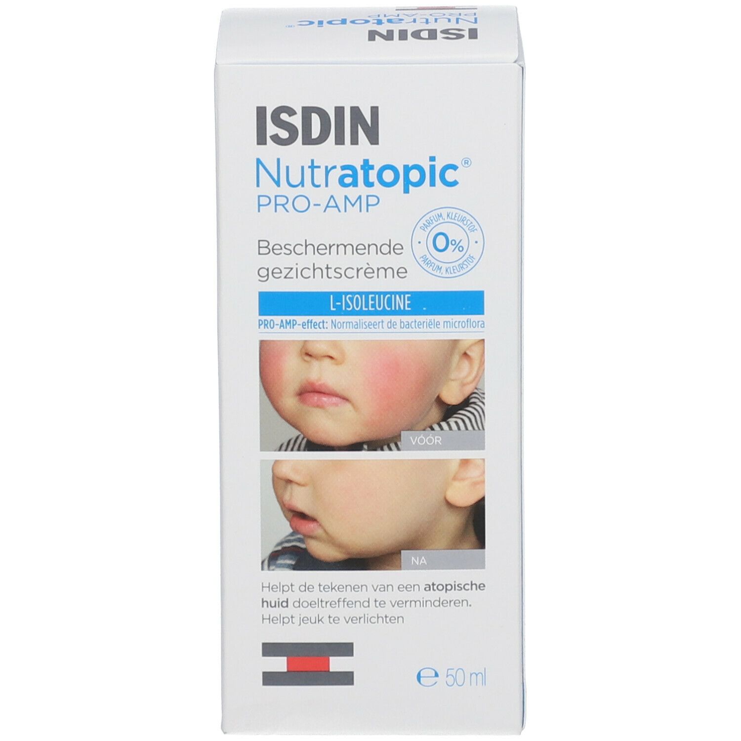 Productverpakking. Opschrift: ISDIN Nutratopic® PRO-AMP. Crème voor het gezicht. 50 ml.