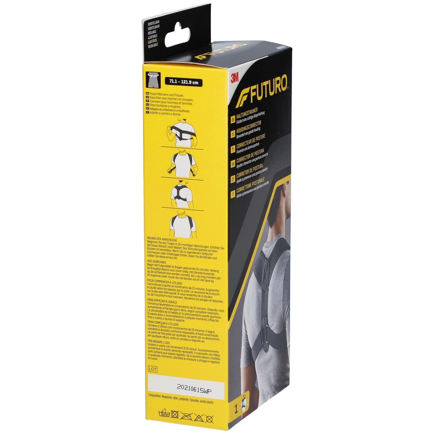 3M™ Futuro™ Haltungskorrektur Verpackung. Seitenansicht mit Produktabbildungen und Text. Größenangabe 76.5-120.0 mm.