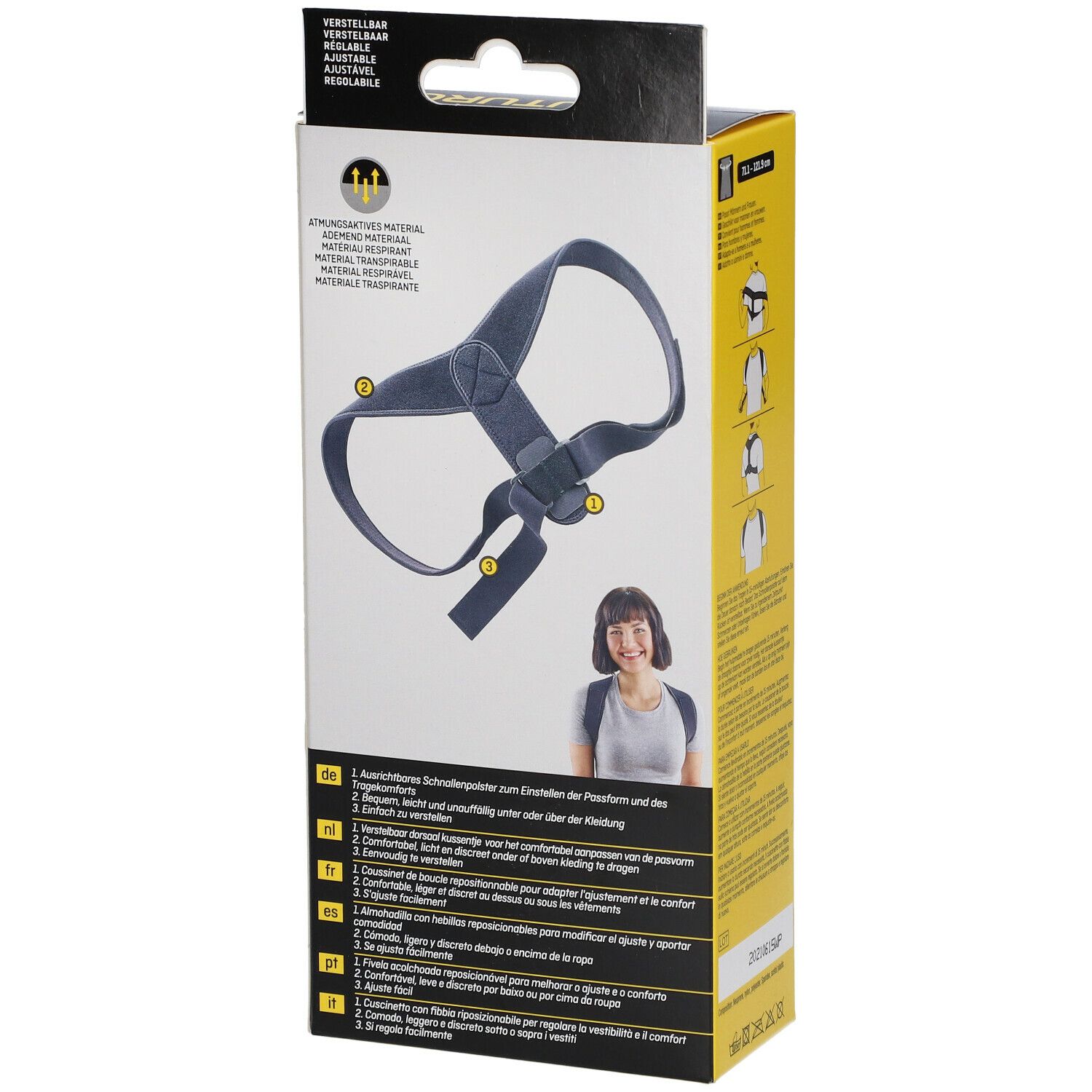 Rückseite der 3M™ Futuro™ Haltungskorrektur Verpackung. Produktabbildung. Text in mehreren Sprachen. Größenangabe.